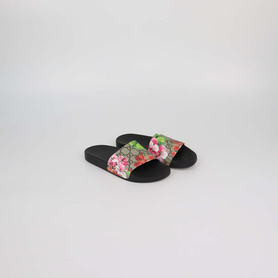 Gucci Beige GG Supreme Canvas Blooms Flat Slide