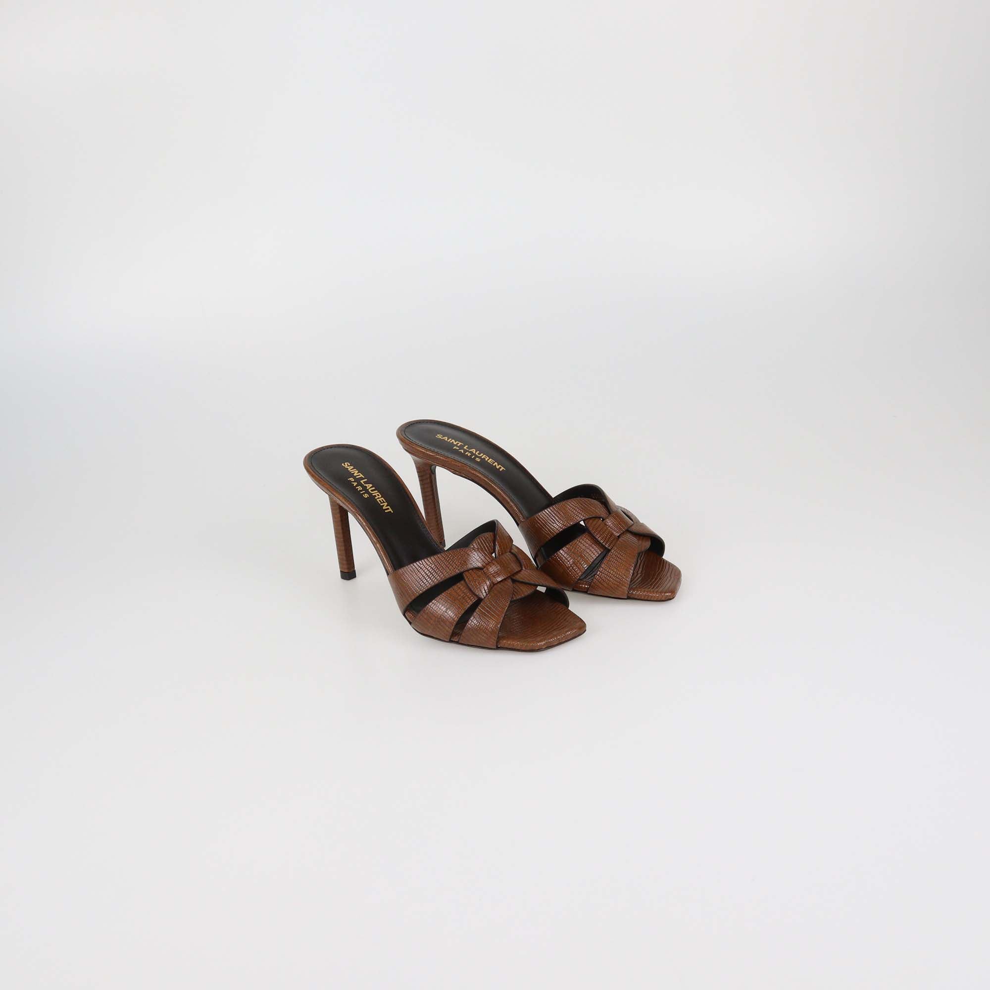 Saint Laurent Almond Brown Lizard Embossed Leather Tribute Mules