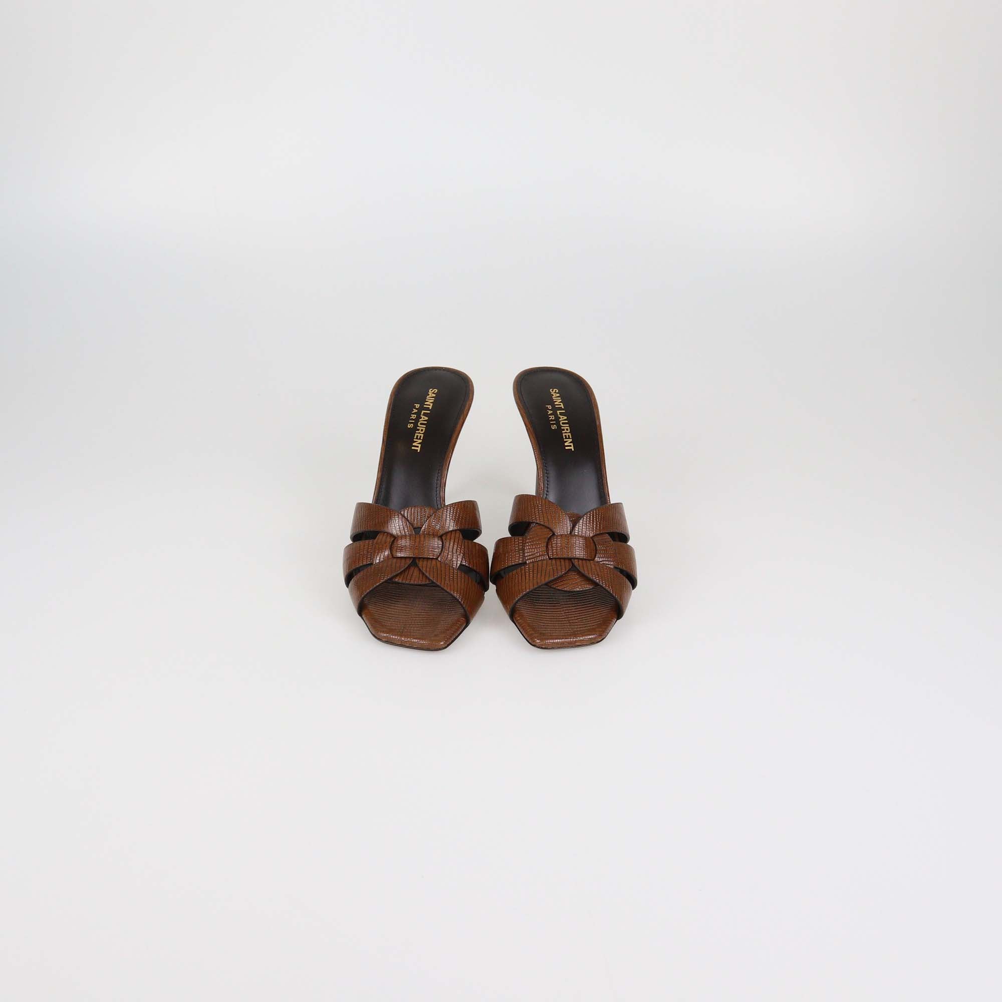Saint Laurent Almond Brown Lizard Embossed Leather Tribute Mules