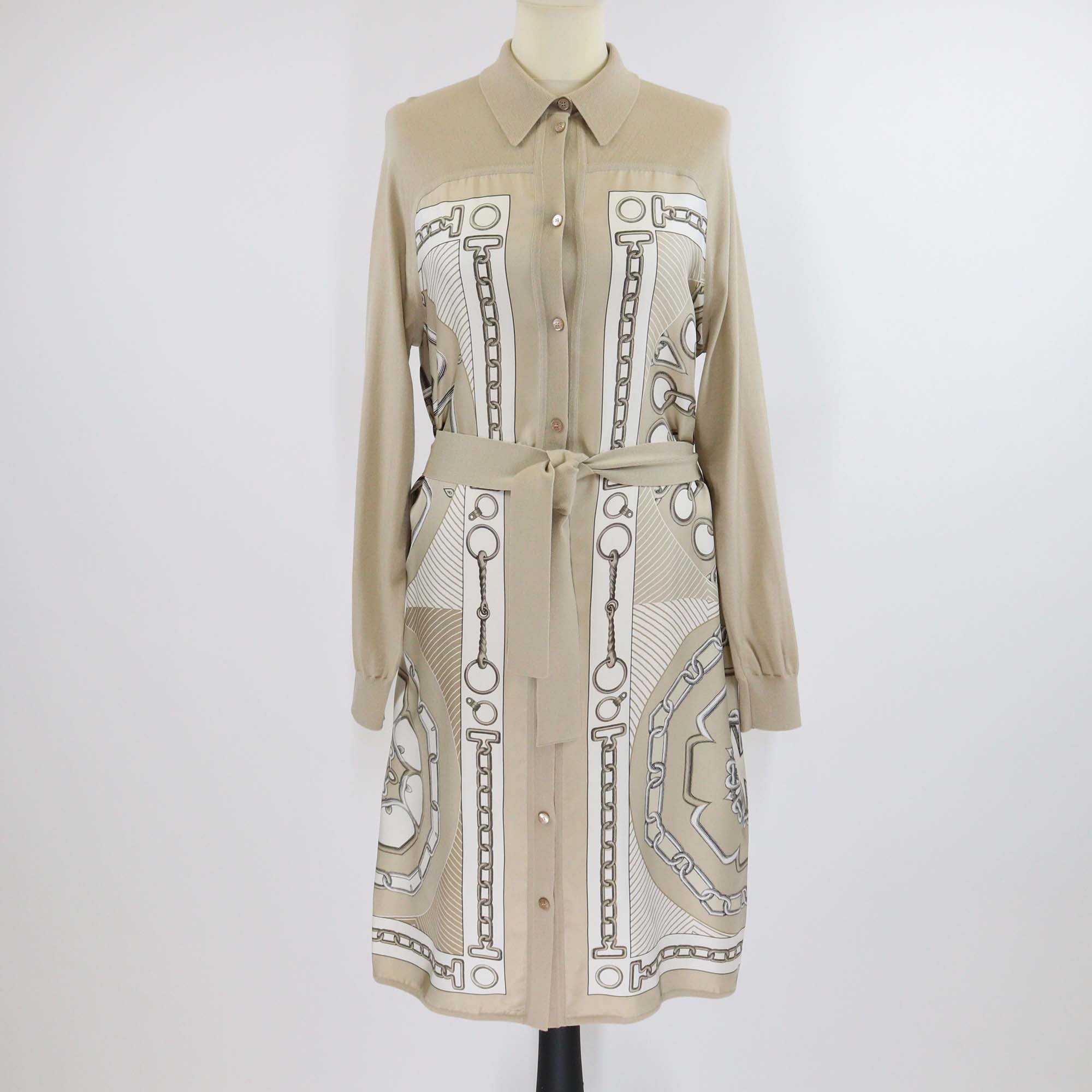 Hermes Beige Silk Effet Kaleidoscope Print Belted Long Sleeve Shirt Midi Dress