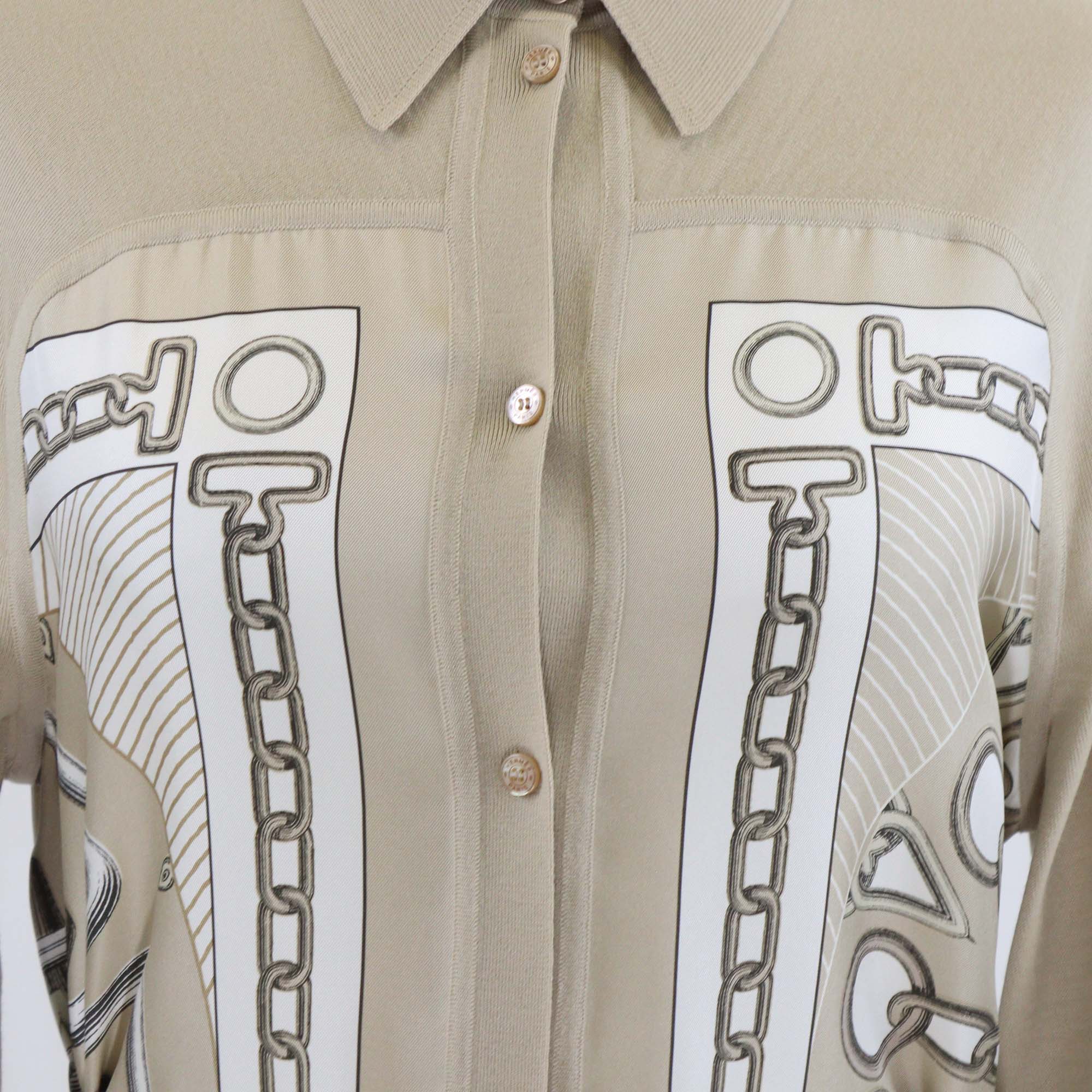 Hermes Beige Silk Effet Kaleidoscope Print Belted Long Sleeve Shirt Midi Dress