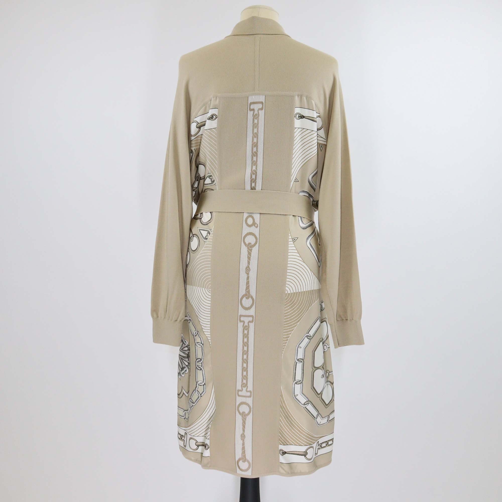 Hermes Beige Silk Effet Kaleidoscope Print Belted Long Sleeve Shirt Midi Dress