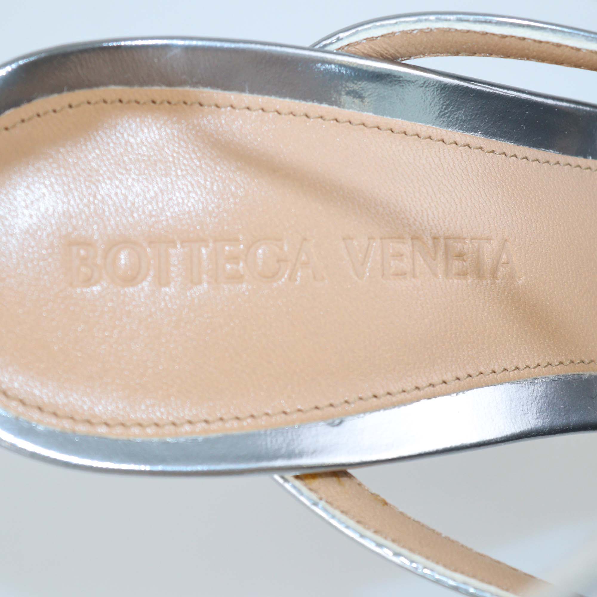 Bottega Veneta Silver Patent Leather Stretch Ankle Strap Sandals