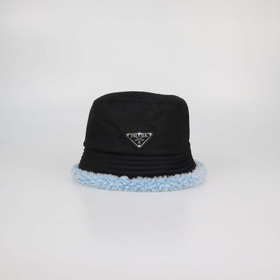 Prada Black/Blue Nylon and Sheep Fur Bucket Hat