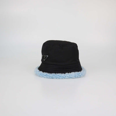 Prada Black/Blue Nylon and Sheep Fur Bucket Hat
