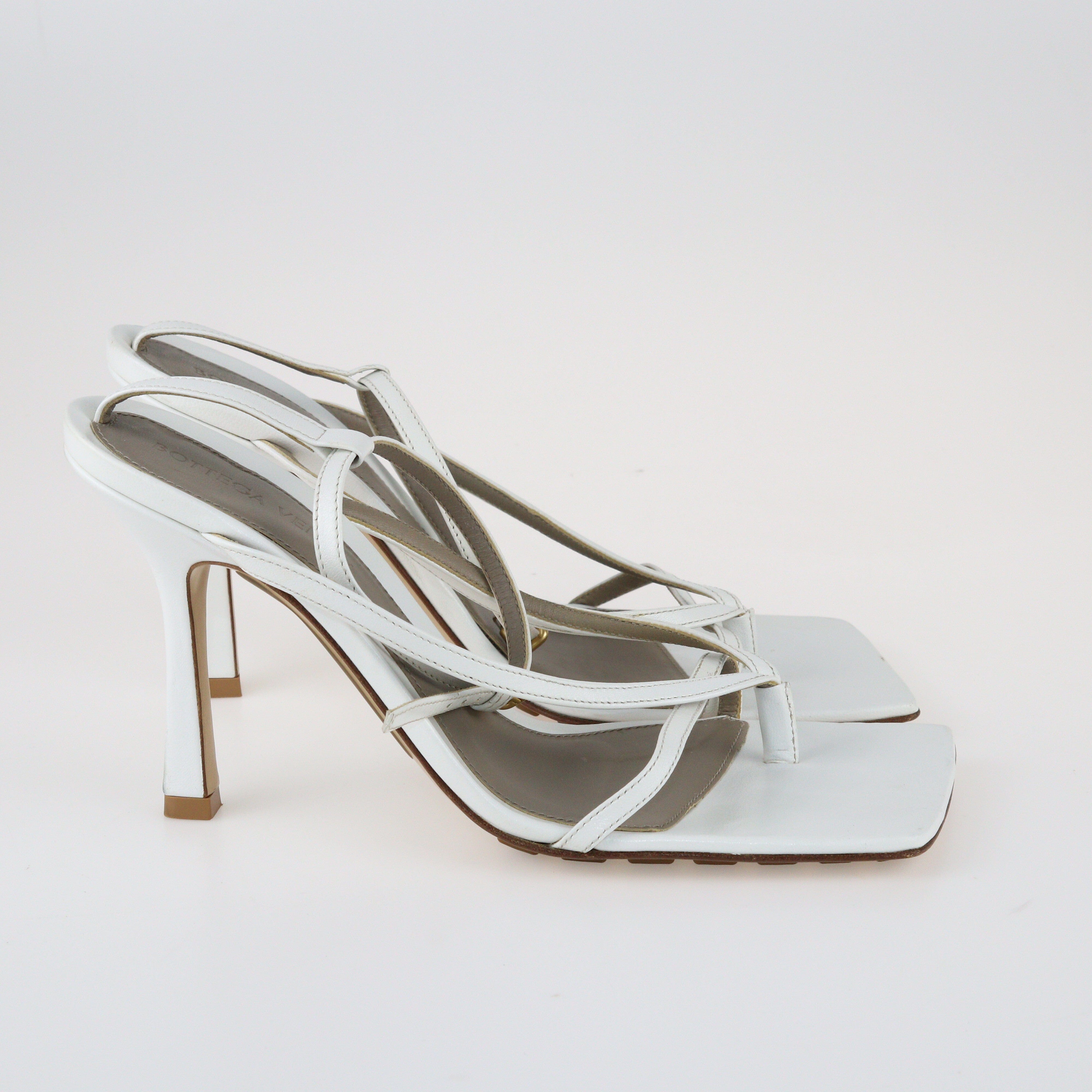 White Stretch Ankle Strap Sandals Shoes Garderobe Pre-loved Luxury Fashion 