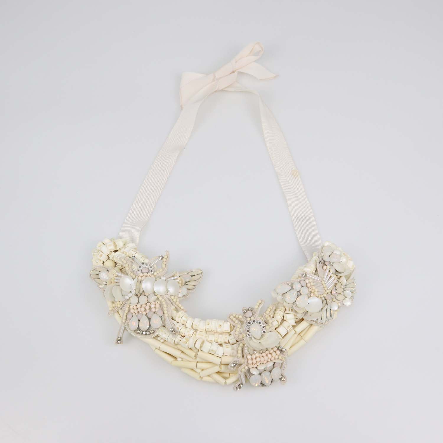 Biyan Off-White Embroidered Sequin and Crystal Embellished Tie Necklace