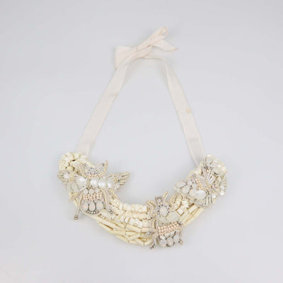 Biyan Off-White Embroidered Sequin and Crystal Embellished Tie Necklace
