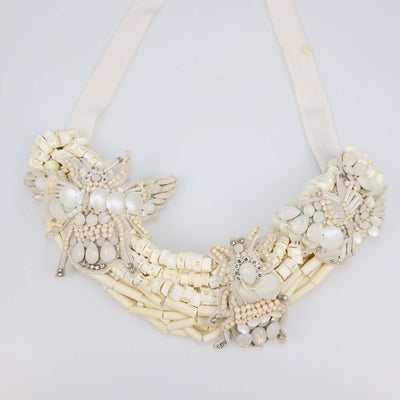 Biyan Off-White Embroidered Sequin and Crystal Embellished Tie Necklace