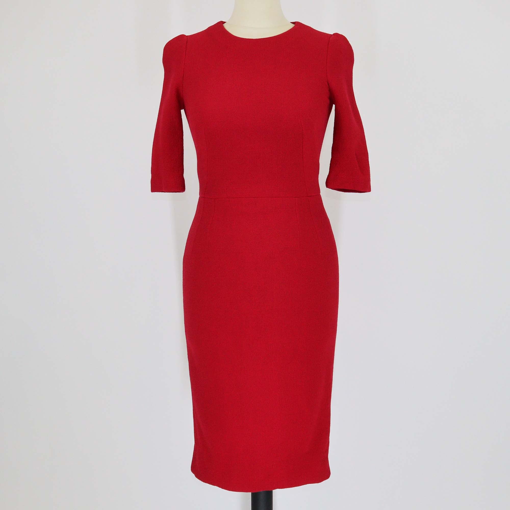 Dolce & Gabbana Red Wool Crew Neck Three-Quarter Sleeve Midi Dress