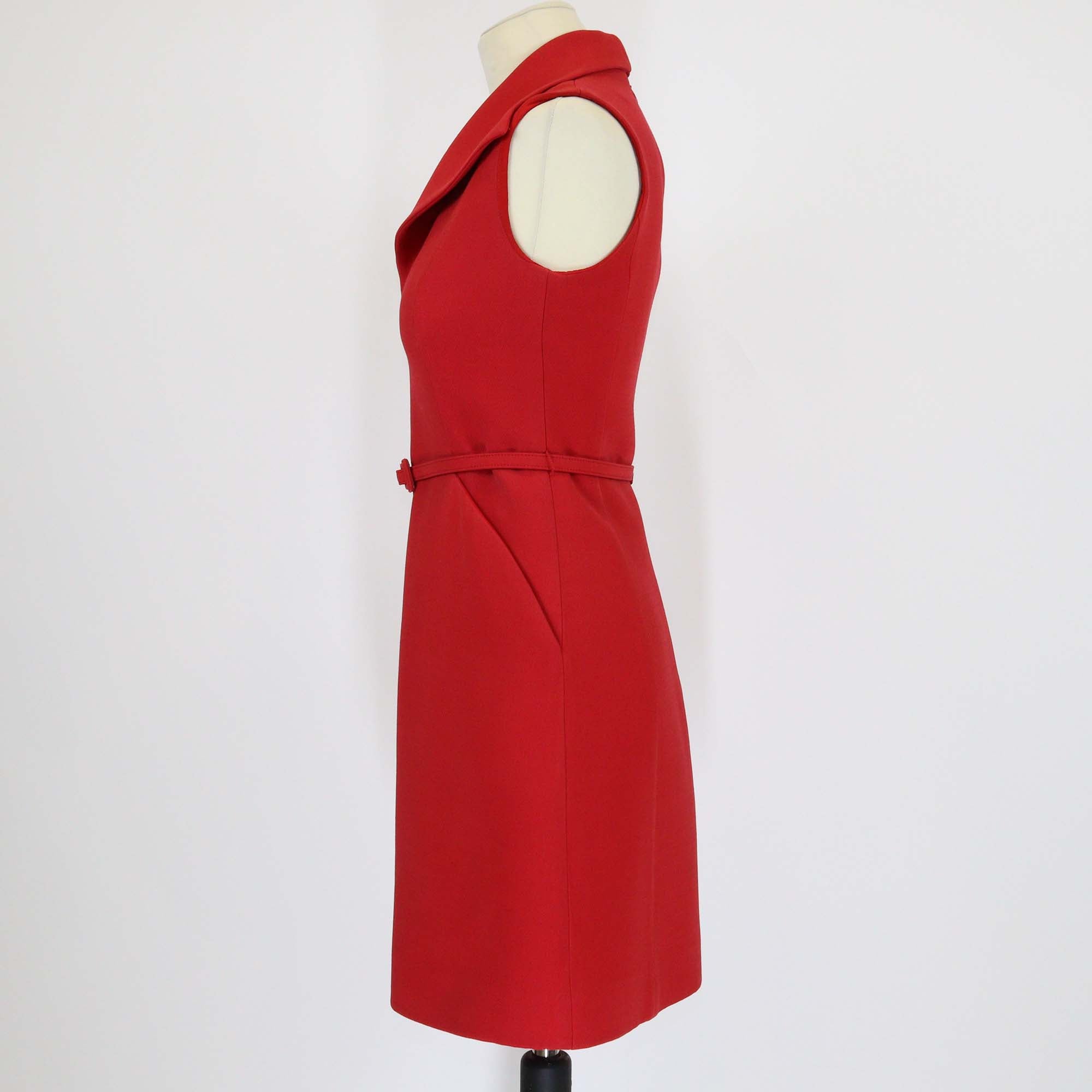 Christian Dior Red Wool Collar Belted Sleeveless Mini Dress