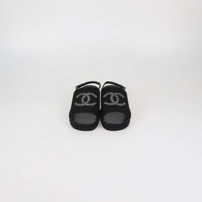 Chanel Black Canvas CC Crystal Slingback Espadrille Sandals