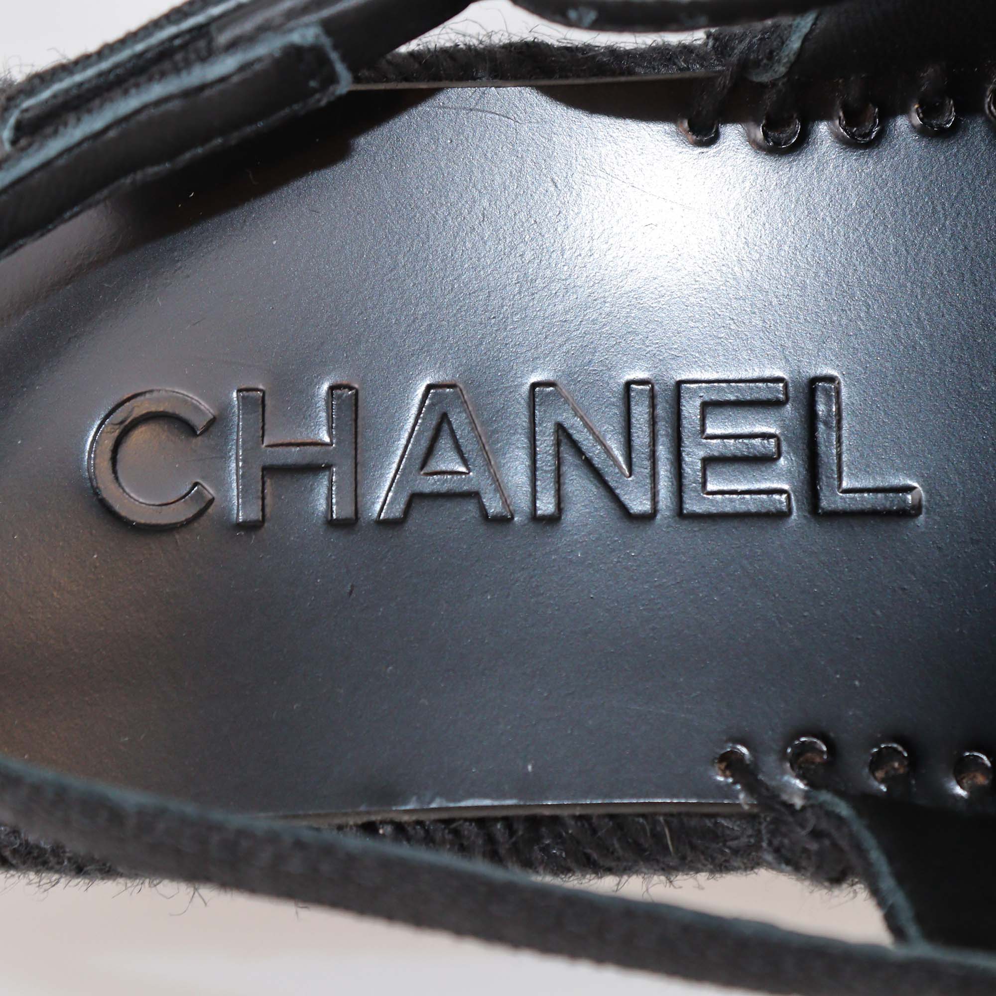 Chanel Black Canvas CC Crystal Slingback Espadrille Sandals