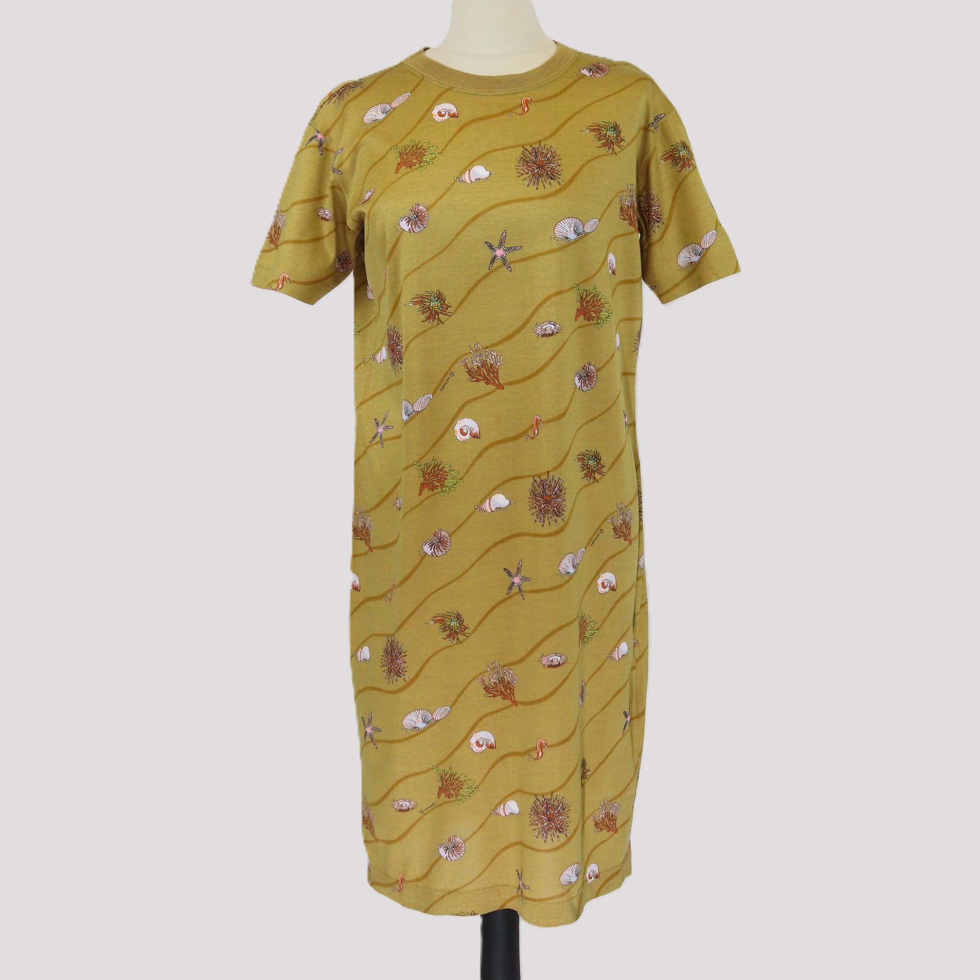 Hermes Khaki Marine Life Print Vintage Short Sleeve T-Shirt Dress