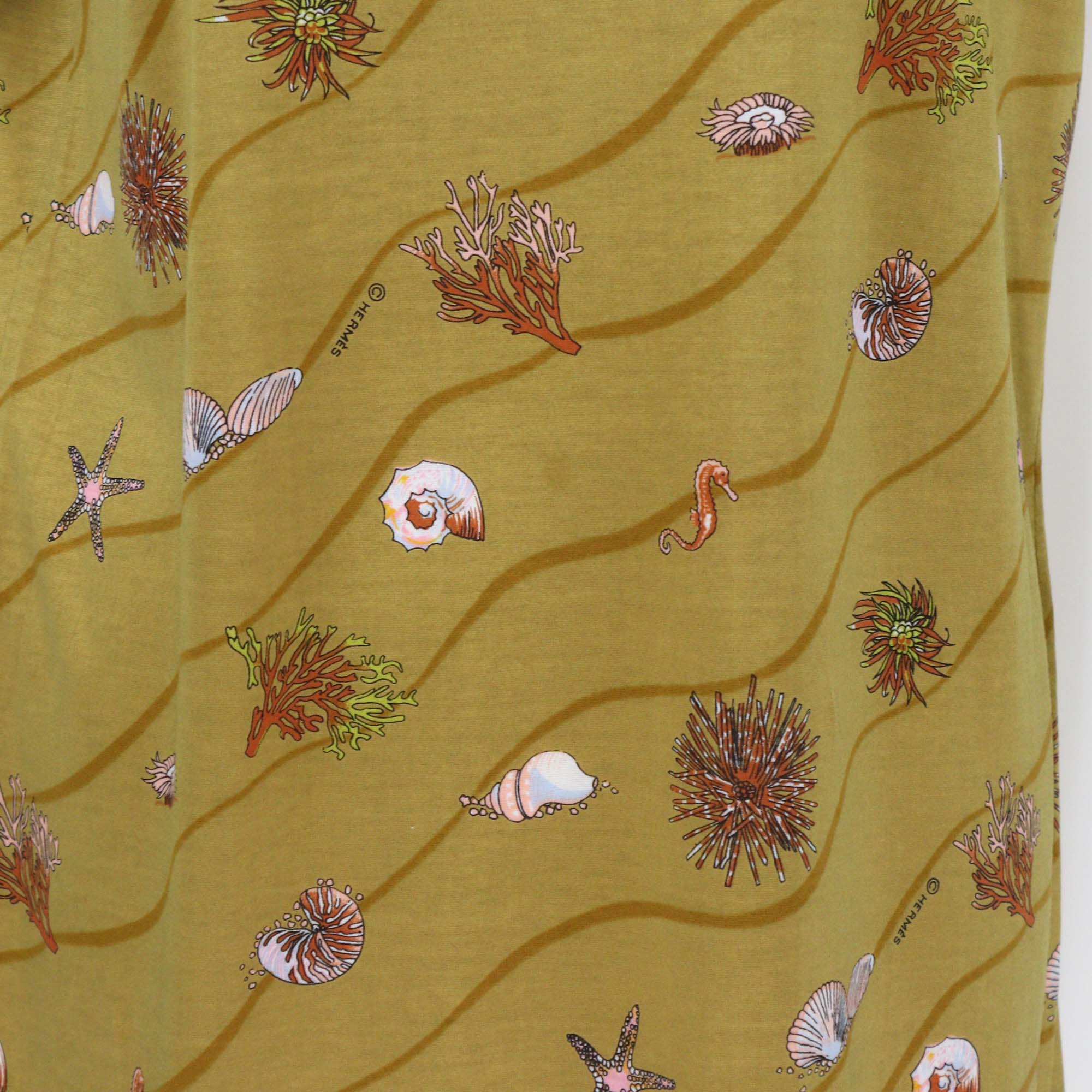Hermes Khaki Marine Life Print Vintage Short Sleeve T-Shirt Dress