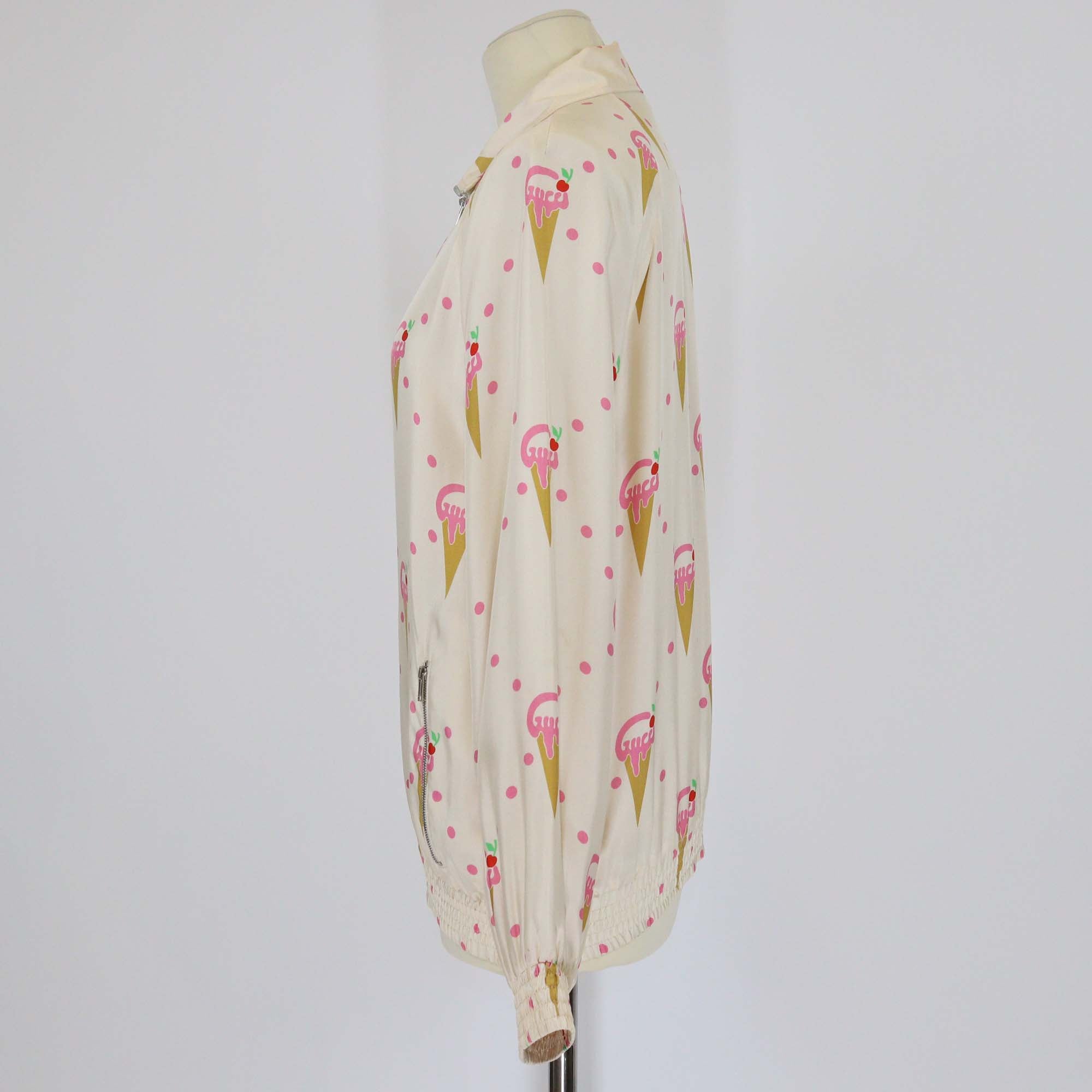 Gucci Light Beige Silk Ice Cream Print Stand Collar Zip Front Jacket