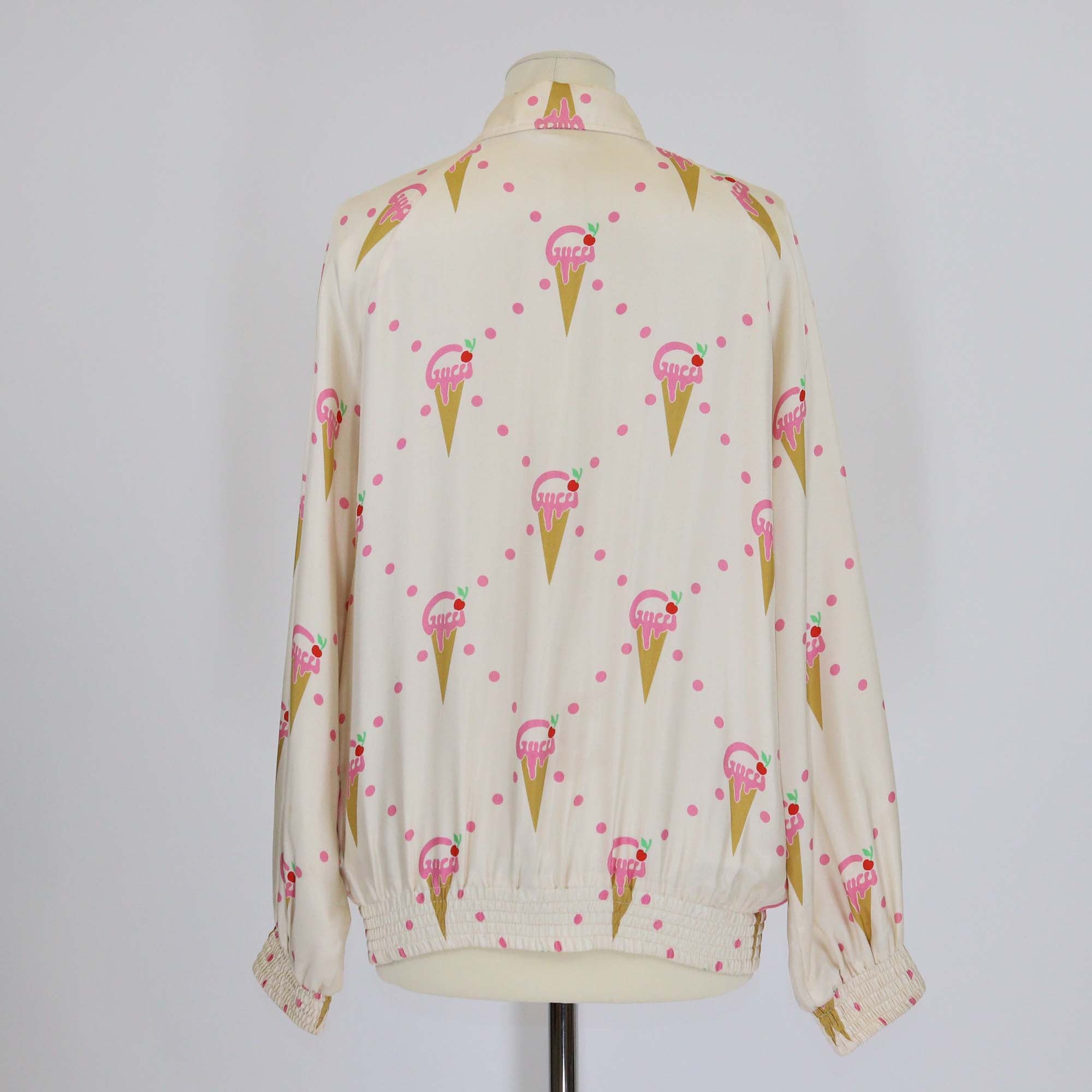Gucci Light Beige Silk Ice Cream Print Stand Collar Zip Front Jacket