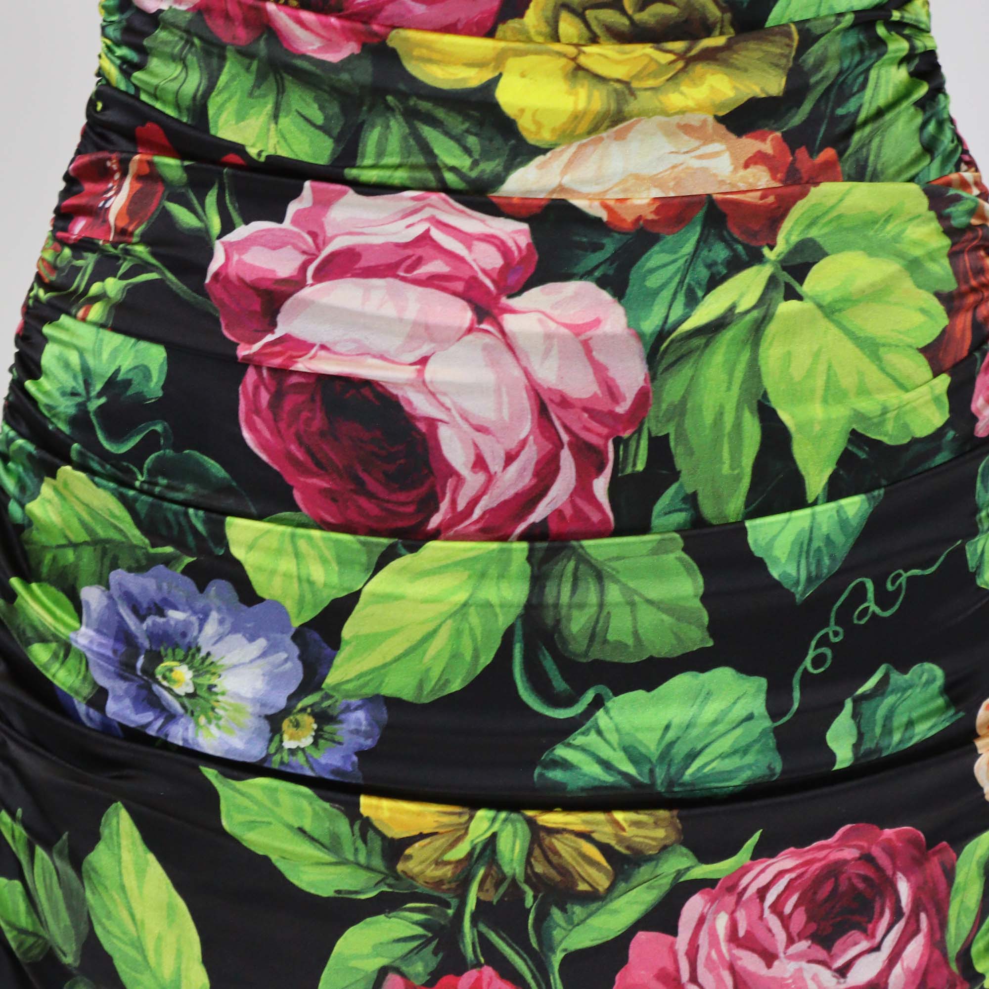 Dolce & Gabbana Multicolor Floral Print Silk Ruched Sleeveless Dress