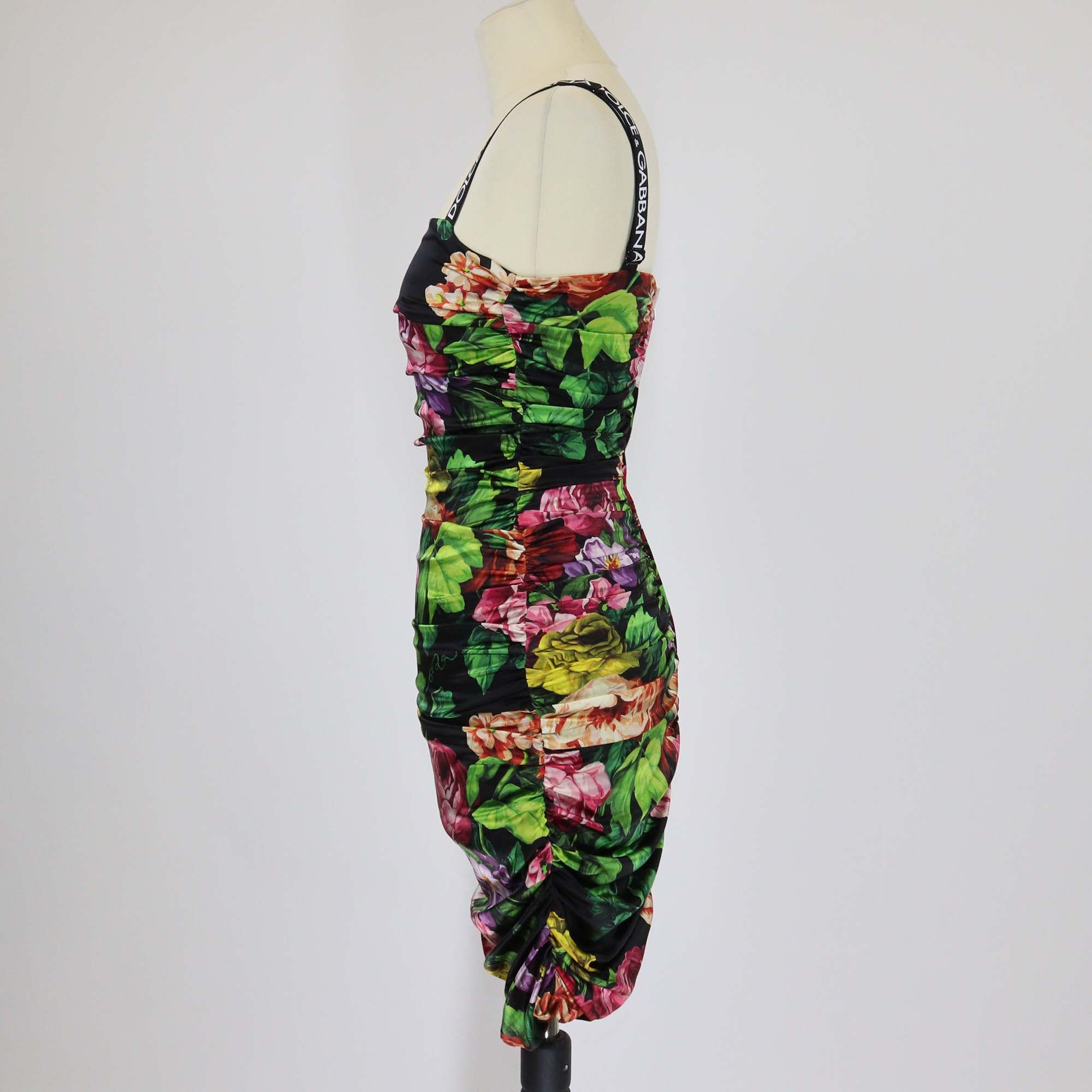 Dolce & Gabbana Multicolor Floral Print Silk Ruched Sleeveless Dress