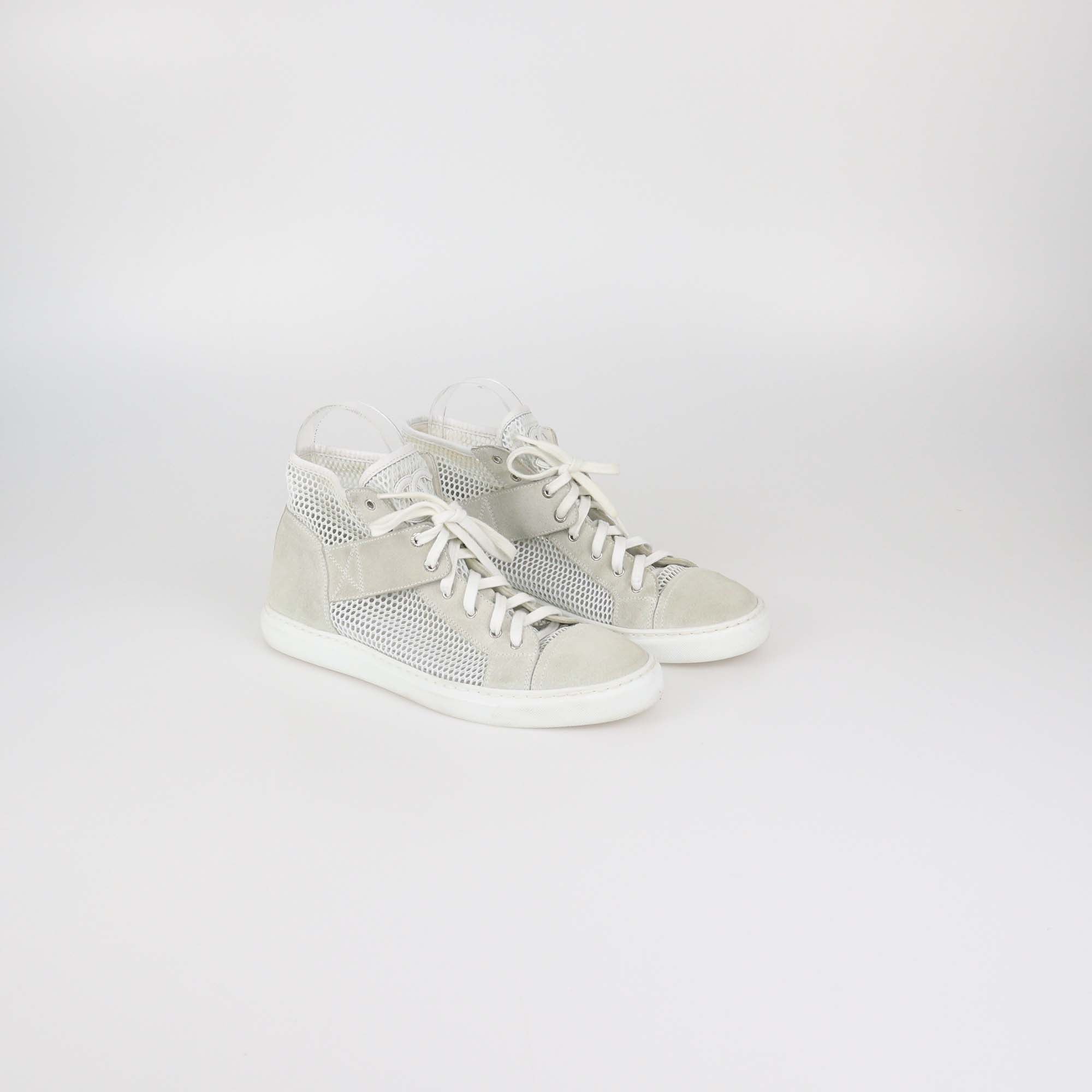 Chanel Beige/White Suede and Mesh High Top Sneakers