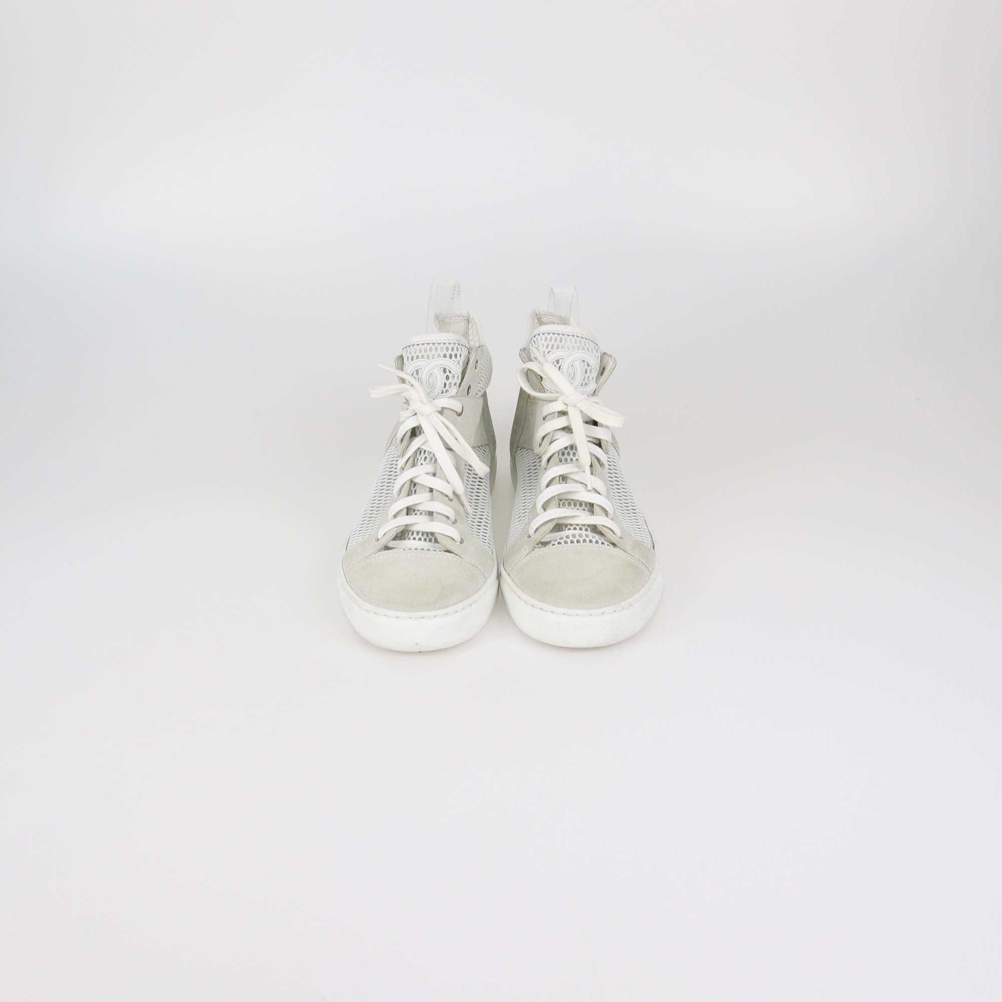 Chanel Beige/White Suede and Mesh High Top Sneakers