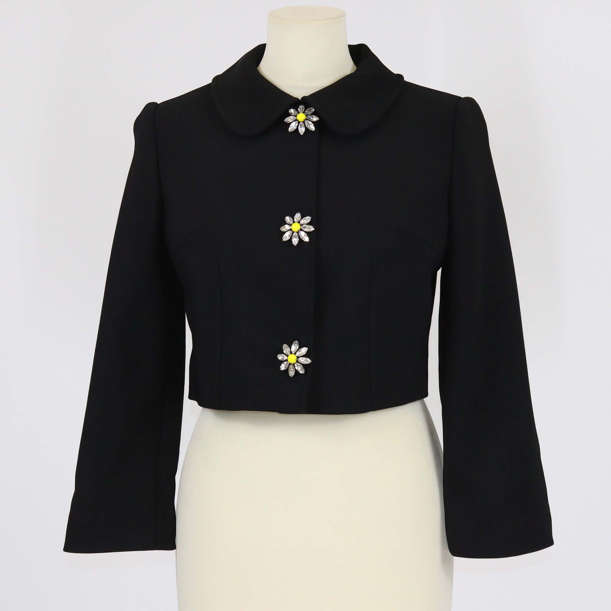 Dolce & Gabbana Black Viscose Crystal Embellished Button Cropped Blazer