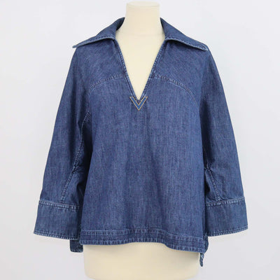 Valentino Blue Denim V Logo Three Quarter Sleeve Chambray Top