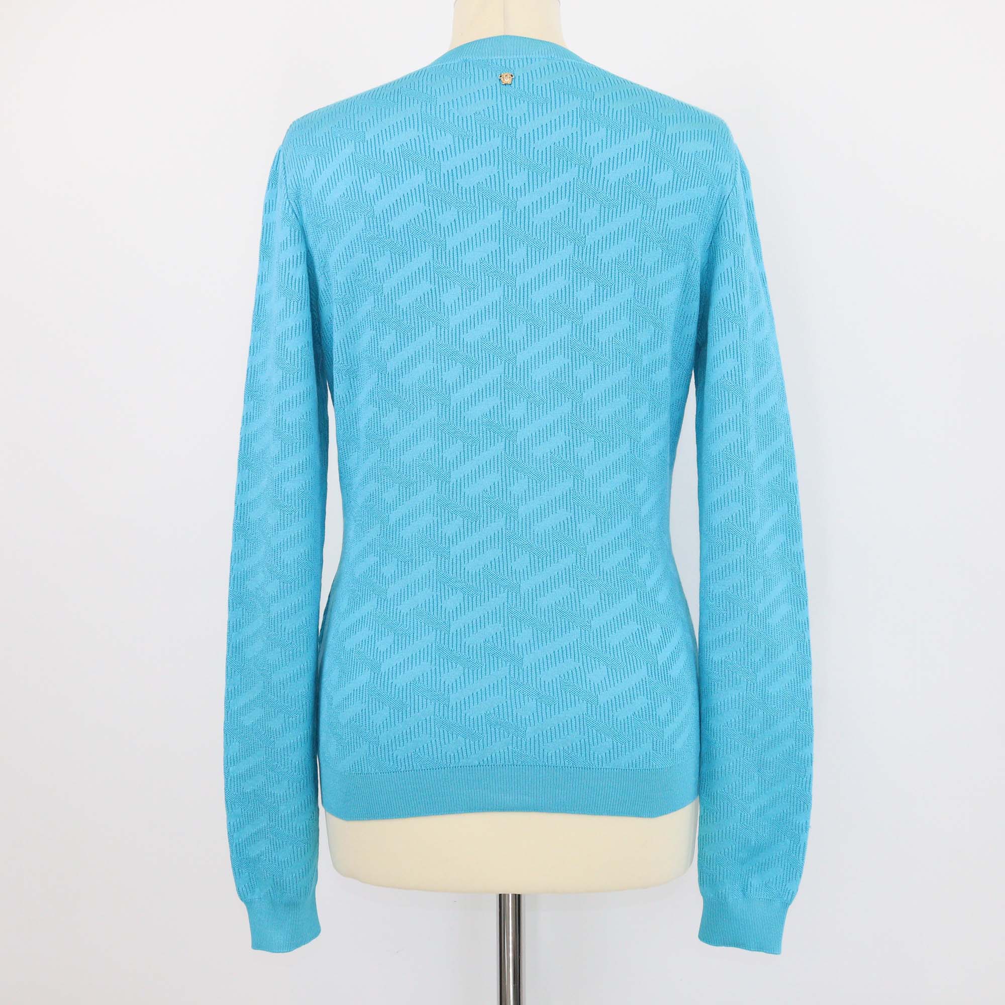 Versace Teal Blue Jacquard Blend Silk Knit Sweatshirt