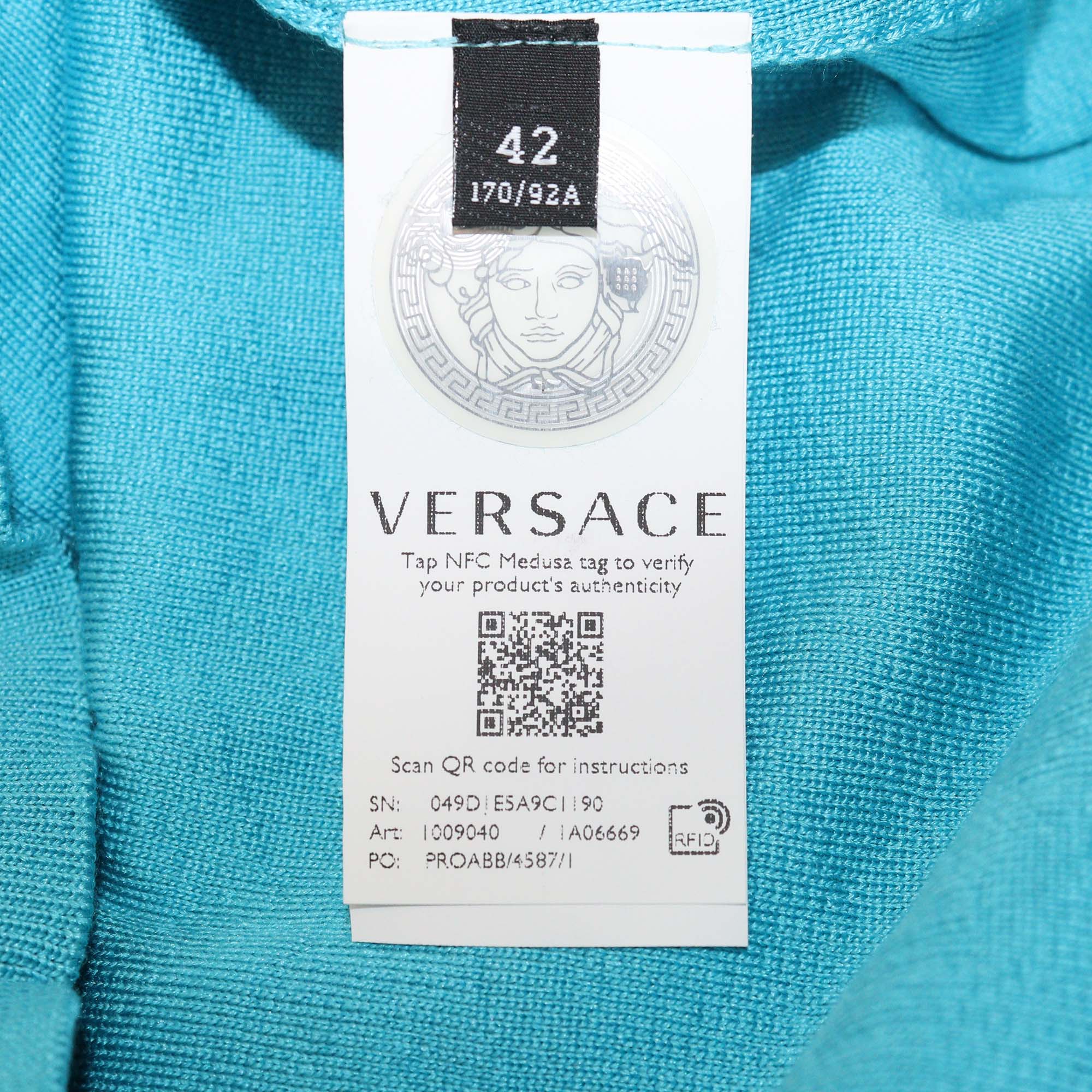 Versace Teal Blue Jacquard Blend Silk Knit Sweatshirt