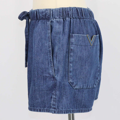 Valentino Blue Denim V Logo Drawstring Chambray Mini Short