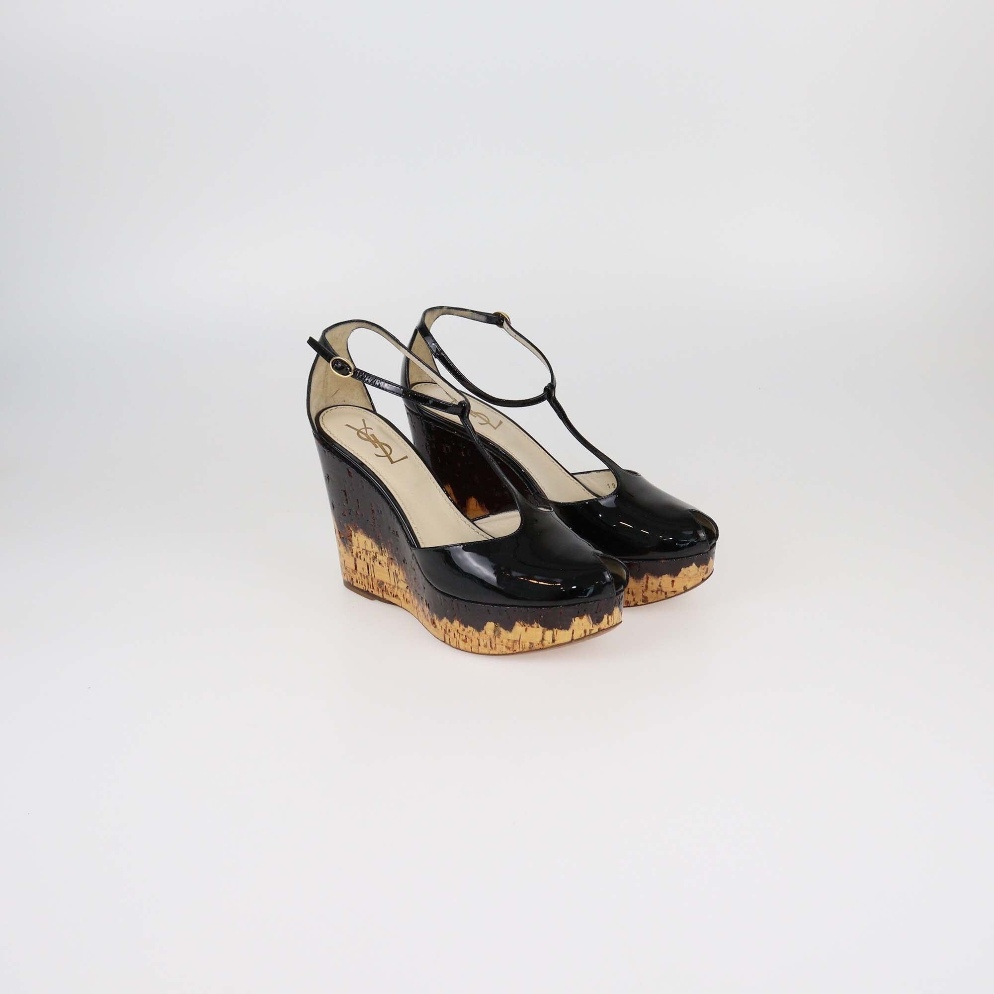Yves Saint Laurent Black Cork Wedge T-Strap Sandals Womens Saint Laurent 