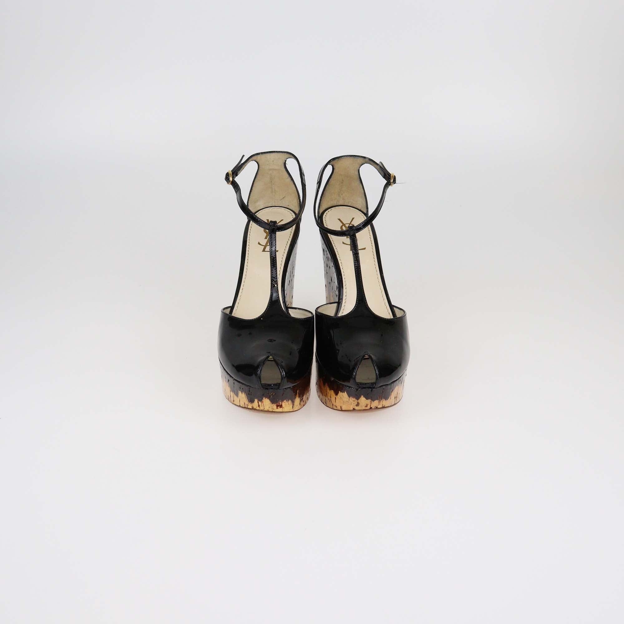 Yves Saint Laurent Black Cork Wedge T-Strap Sandals Womens Saint Laurent 