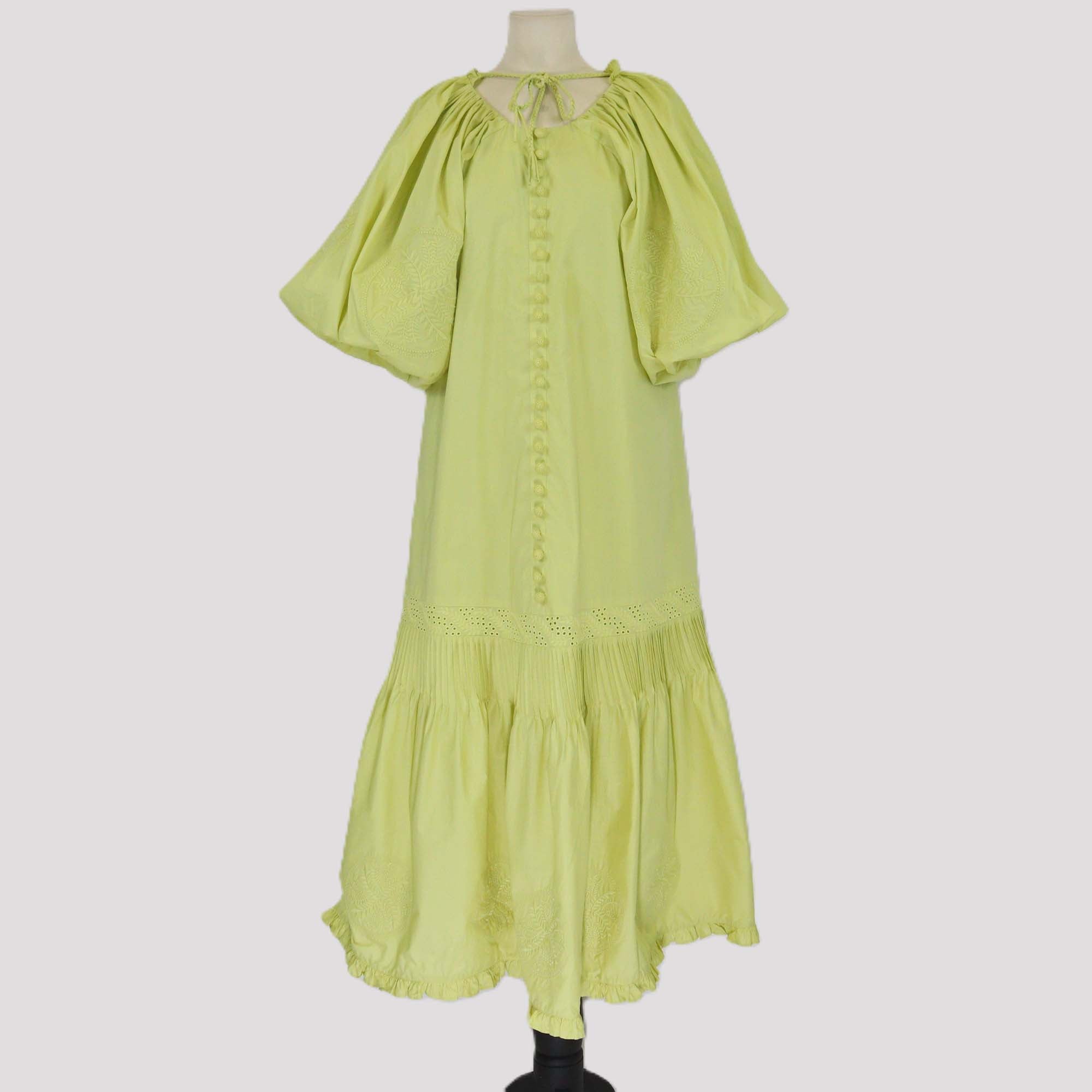 Joslin Yellow Green Cotton Puff Sleeve Lilah Embroidered Midi Dress