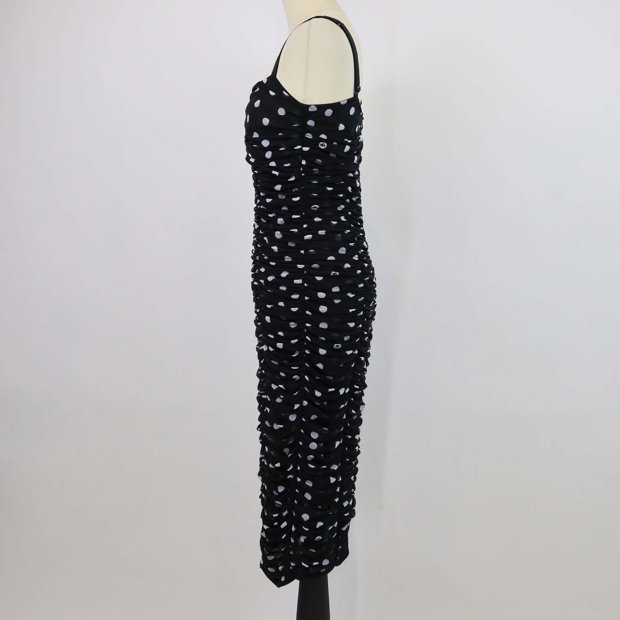 Dolce & Gabbana Black/White Polka Dot Ruched Sleeveless Dress