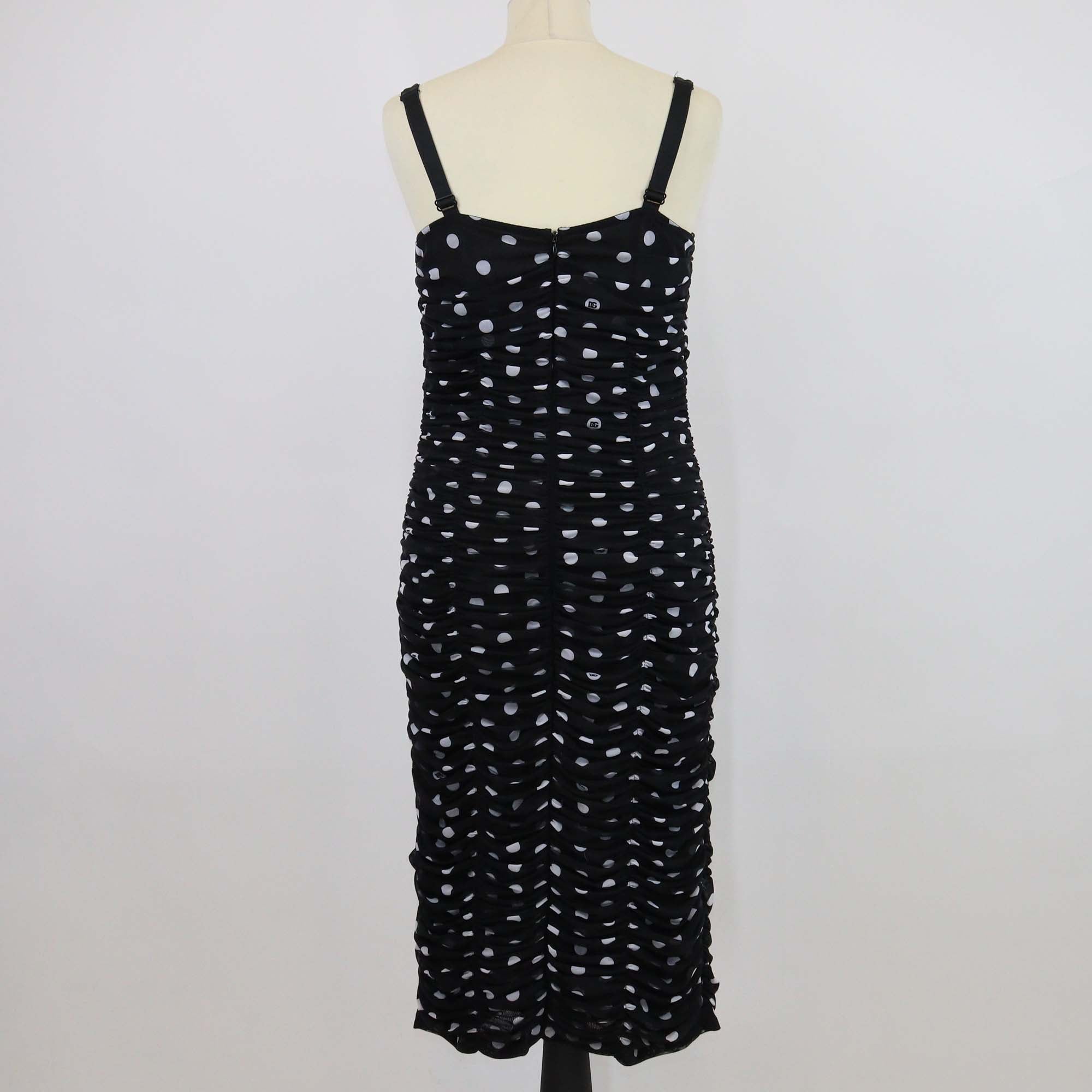 Dolce & Gabbana Black/White Polka Dot Ruched Sleeveless Dress