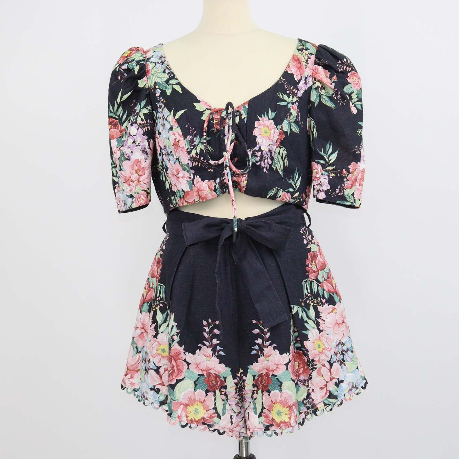 Zimmermann Black/Multicolor Linen Floral Print Crop Top & Short Set