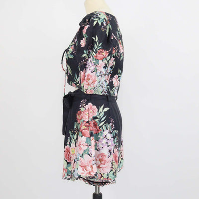 Zimmermann Black/Multicolor Linen Floral Print Crop Top & Short Set