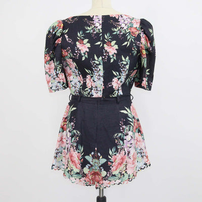 Zimmermann Black/Multicolor Linen Floral Print Crop Top & Short Set