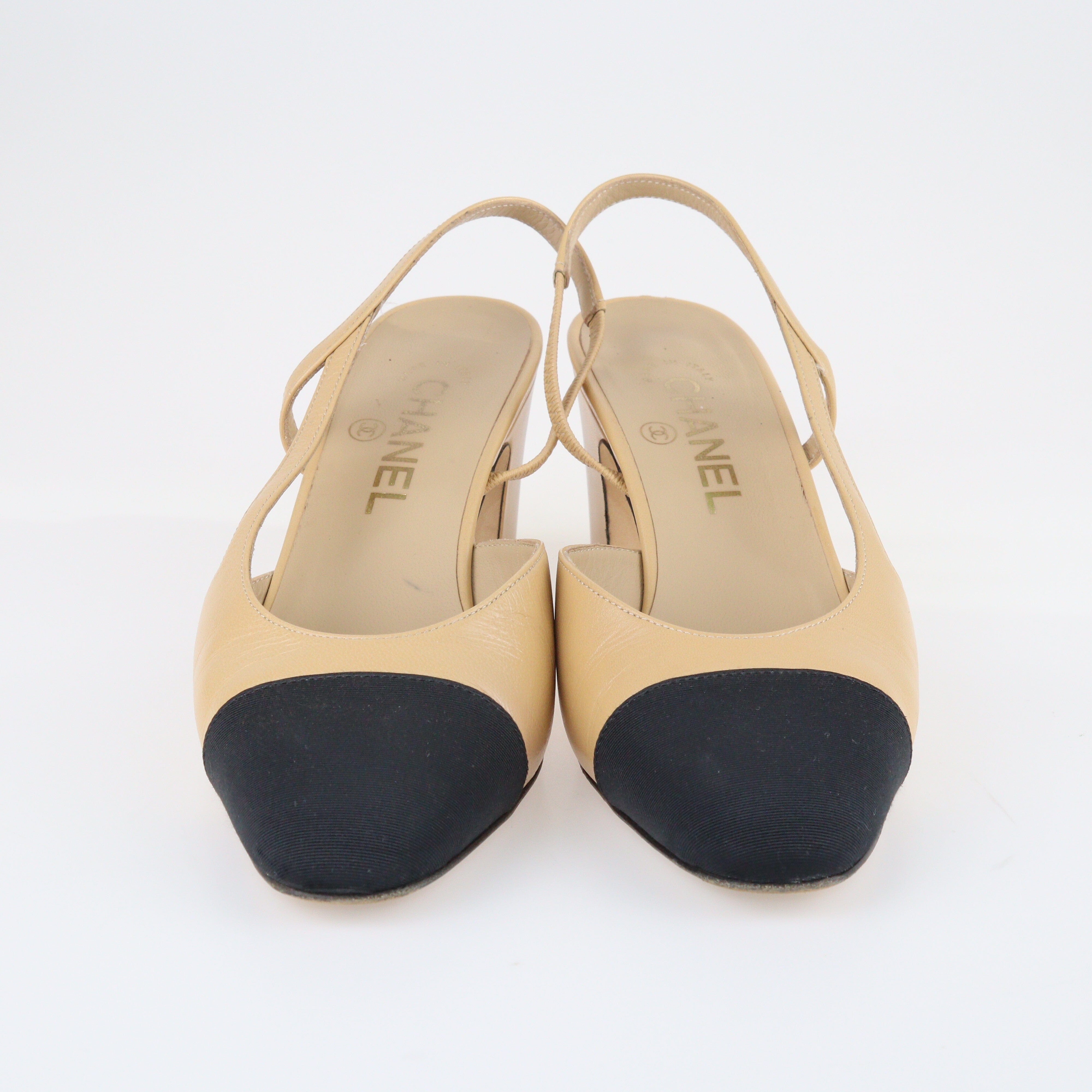 Beige/Black Cap Toe CC D'orsay Slingback Pumps Shoes Chanel 