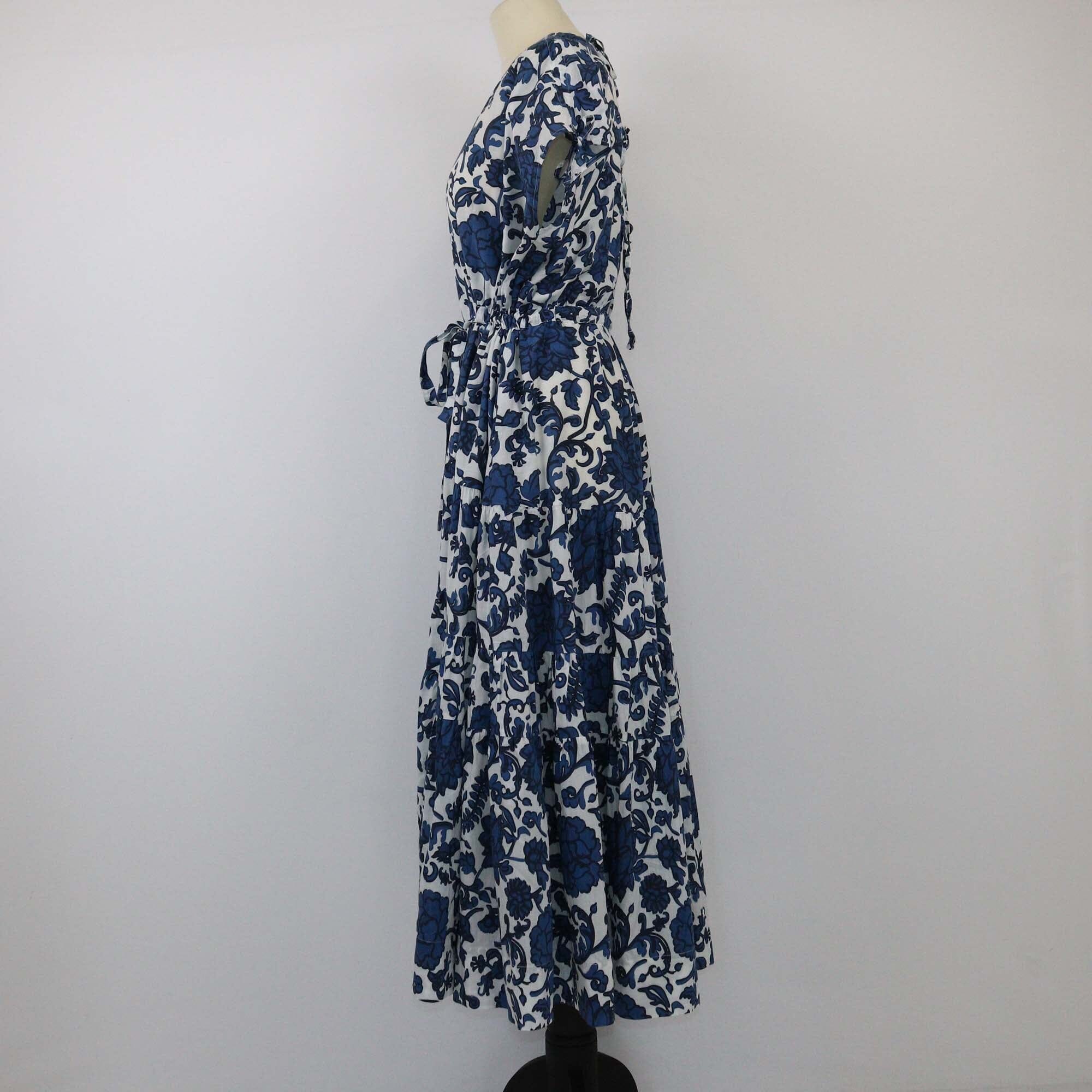 Eudon Choi White/Blue Floral Print Agnes Tiered Midi Dress Womens Eudon Choi 