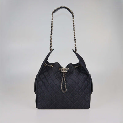Chanel Dark Blue Quilted Denim Medium Chanel 25 Bag