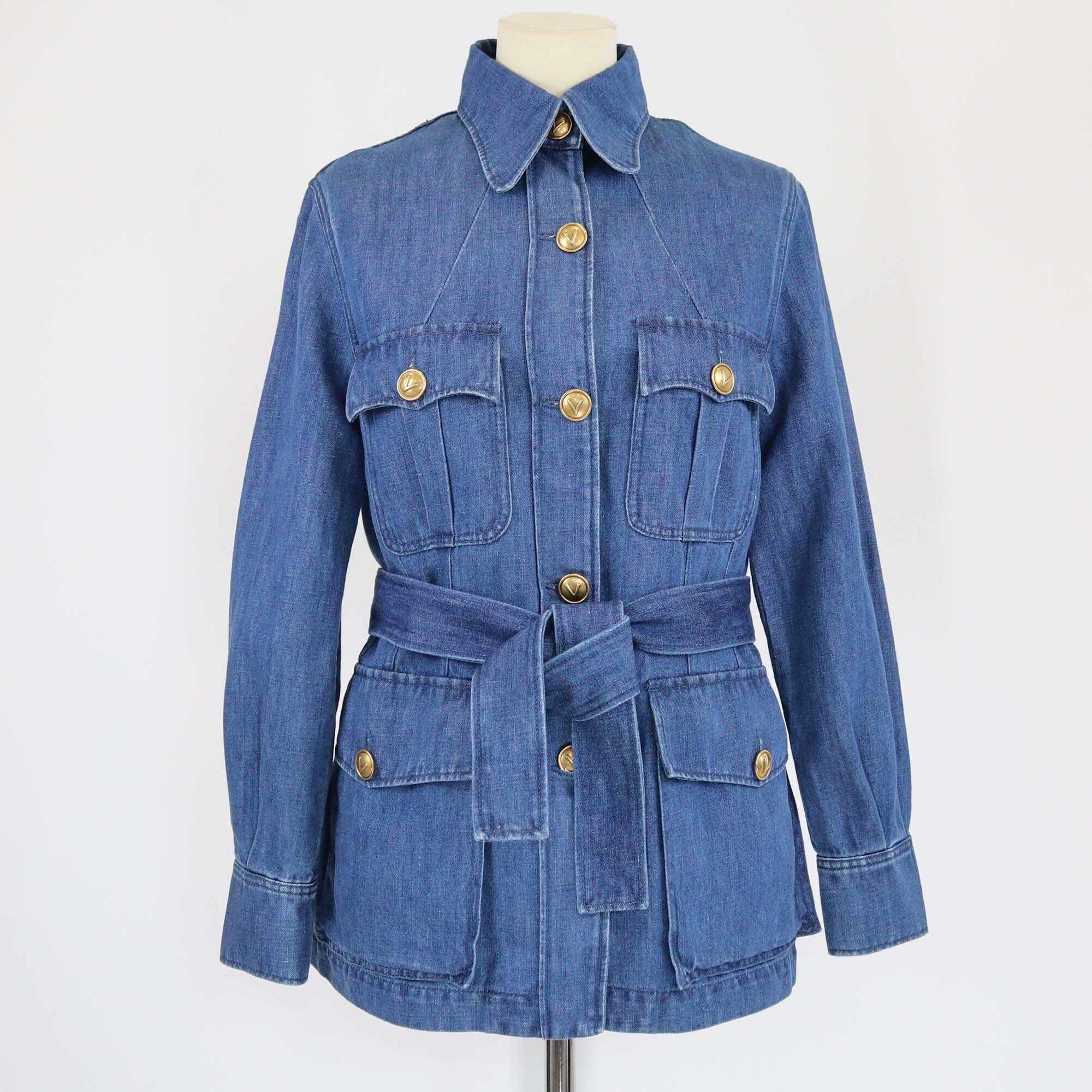 Valentino Blue V Logo Button Four Pocket Sahariana Belted Denim Jacket Womens Valentino 