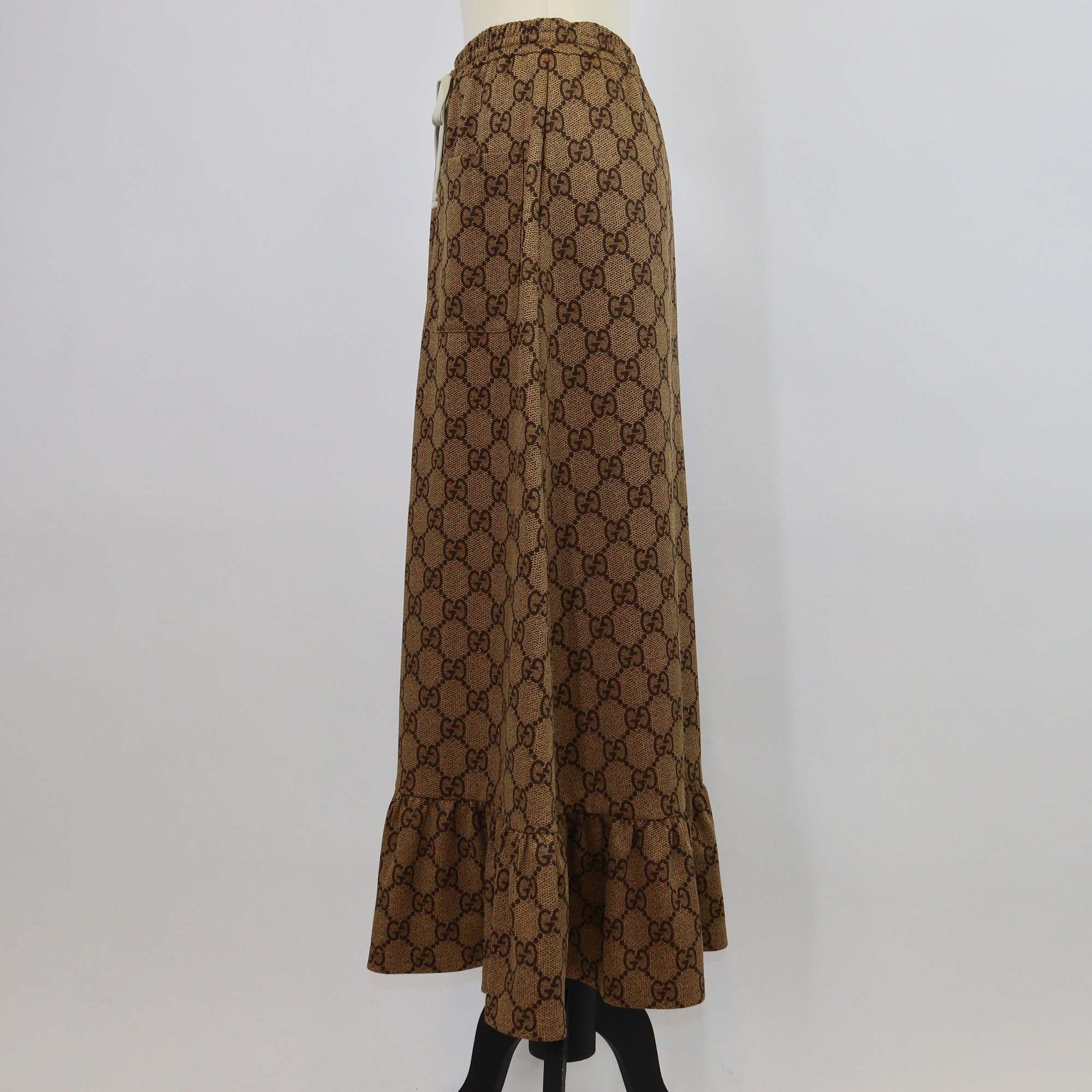 Gucci Brown GG Jersey Ruffled Hem Midi Skirt