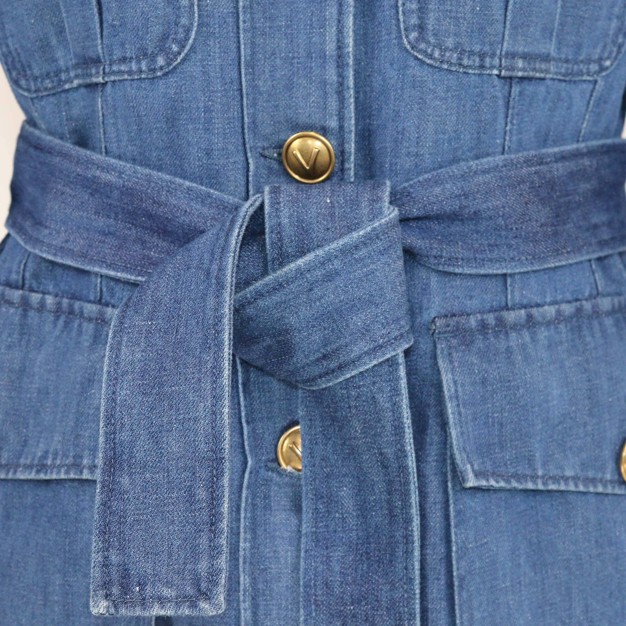 Valentino Blue V Logo Button Four Pocket Sahariana Belted Denim Jacket Womens Valentino 
