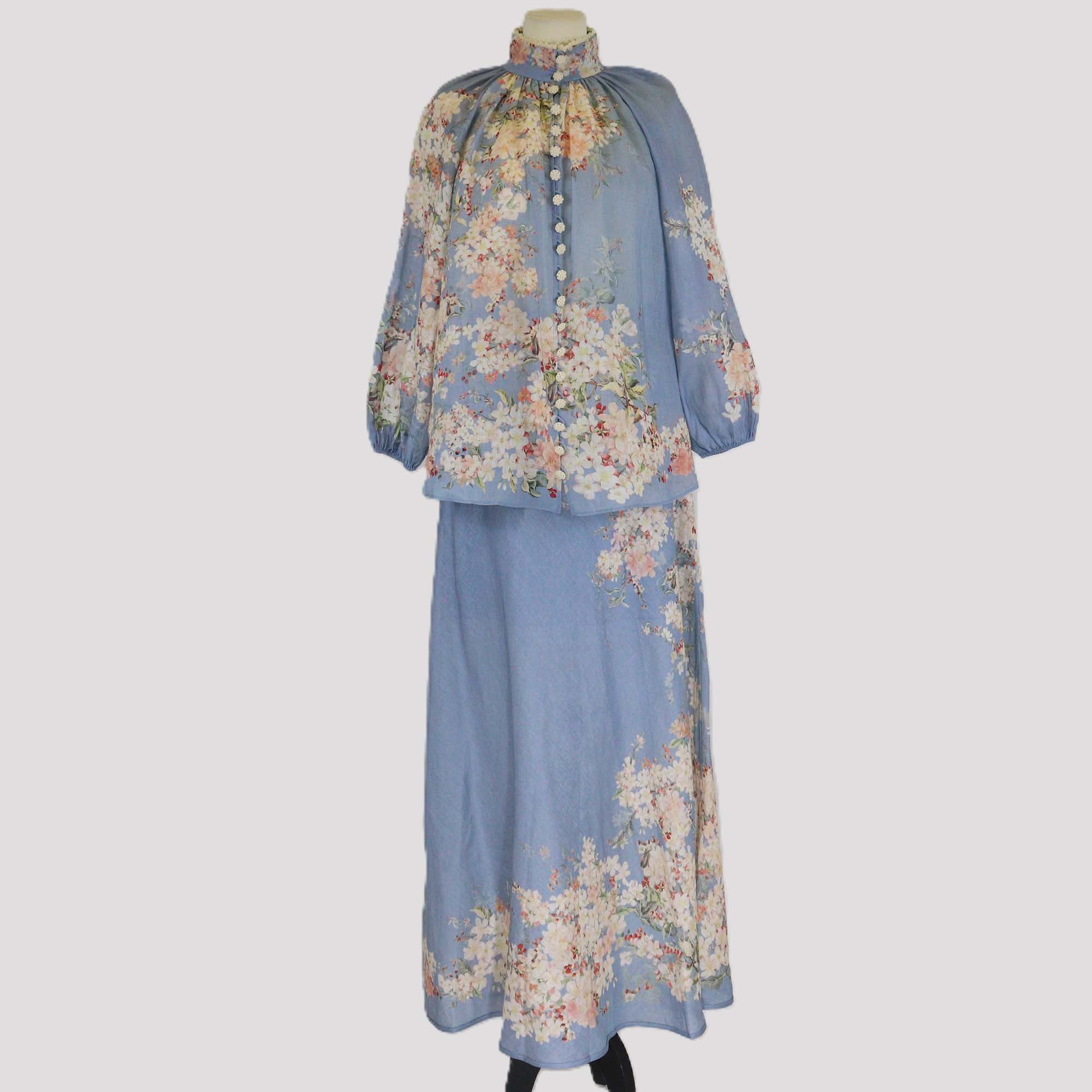 Zimmermann Blue Linen Cascadian Billow Blouse & Skirt Set