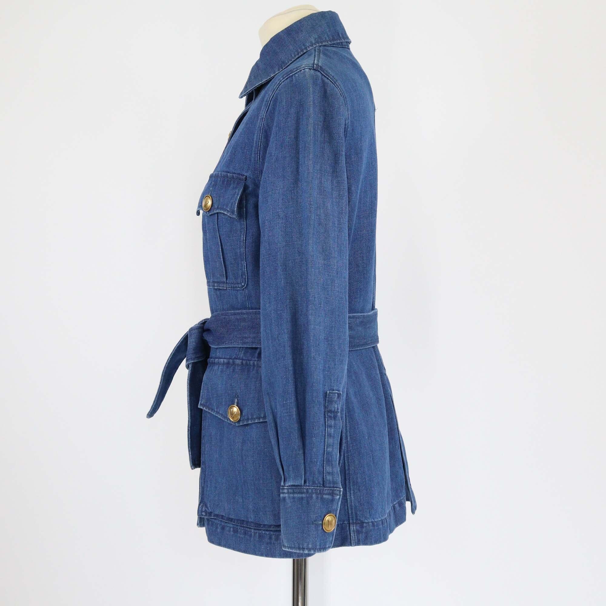 Valentino Blue V Logo Button Four Pocket Sahariana Belted Denim Jacket Womens Valentino 