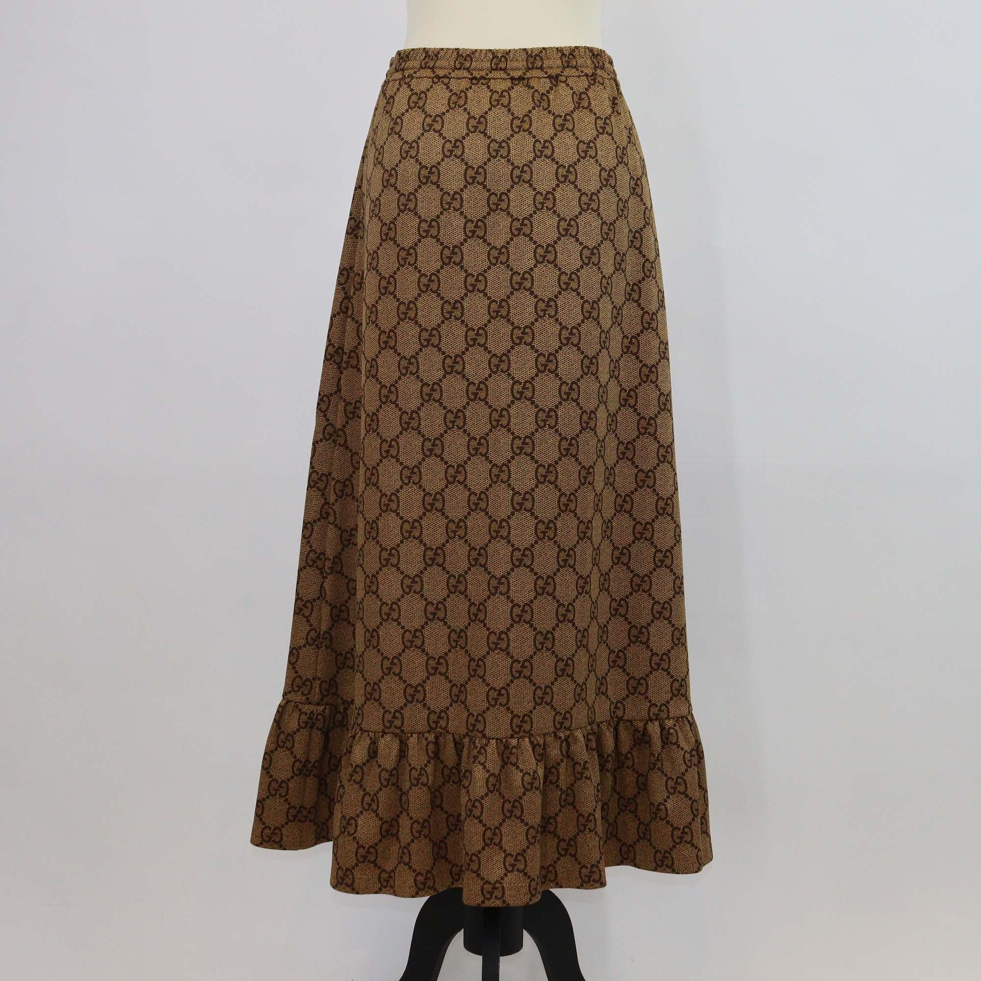 Gucci Brown GG Jersey Ruffled Hem Midi Skirt