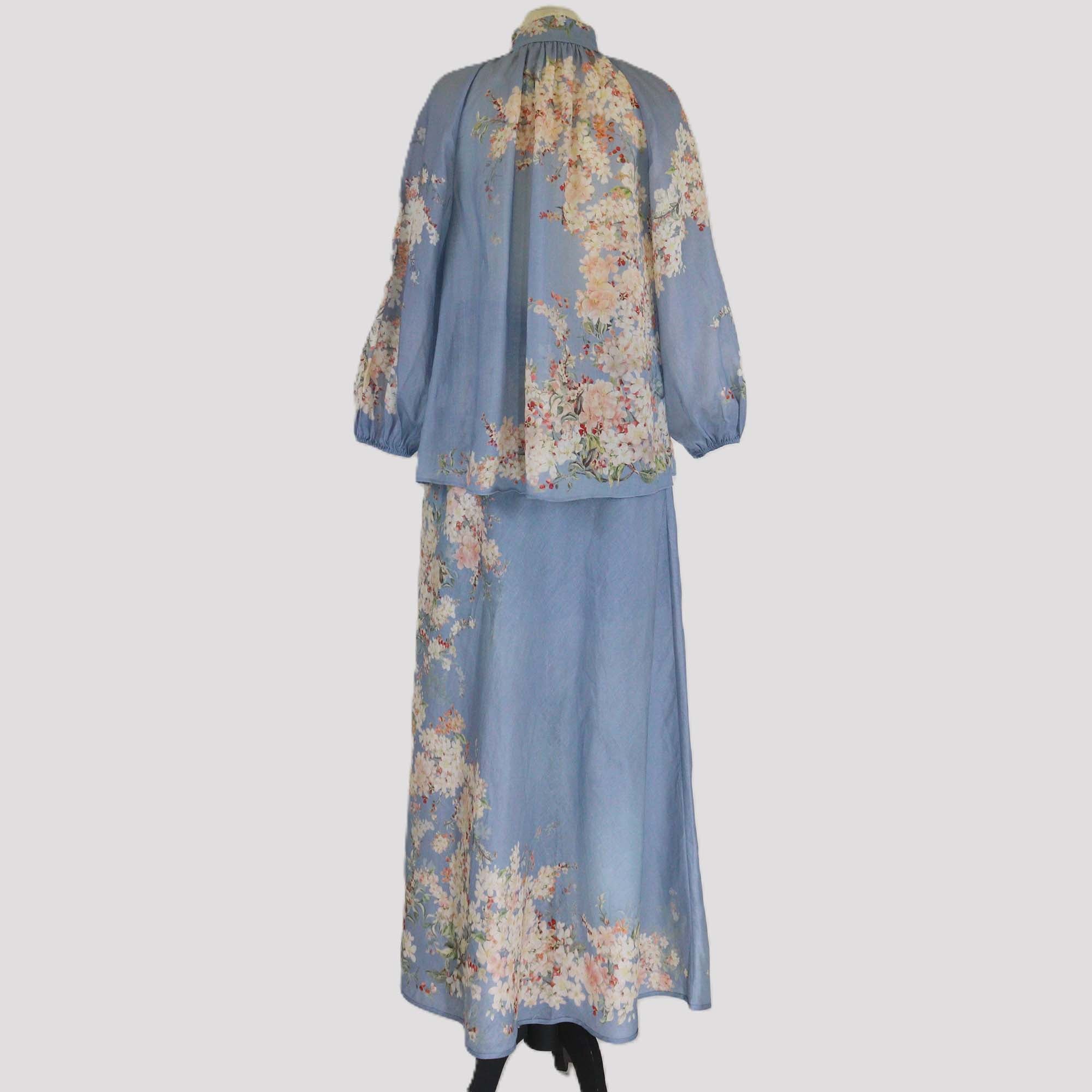 Zimmermann Blue Linen Cascadian Billow Blouse & Skirt Set
