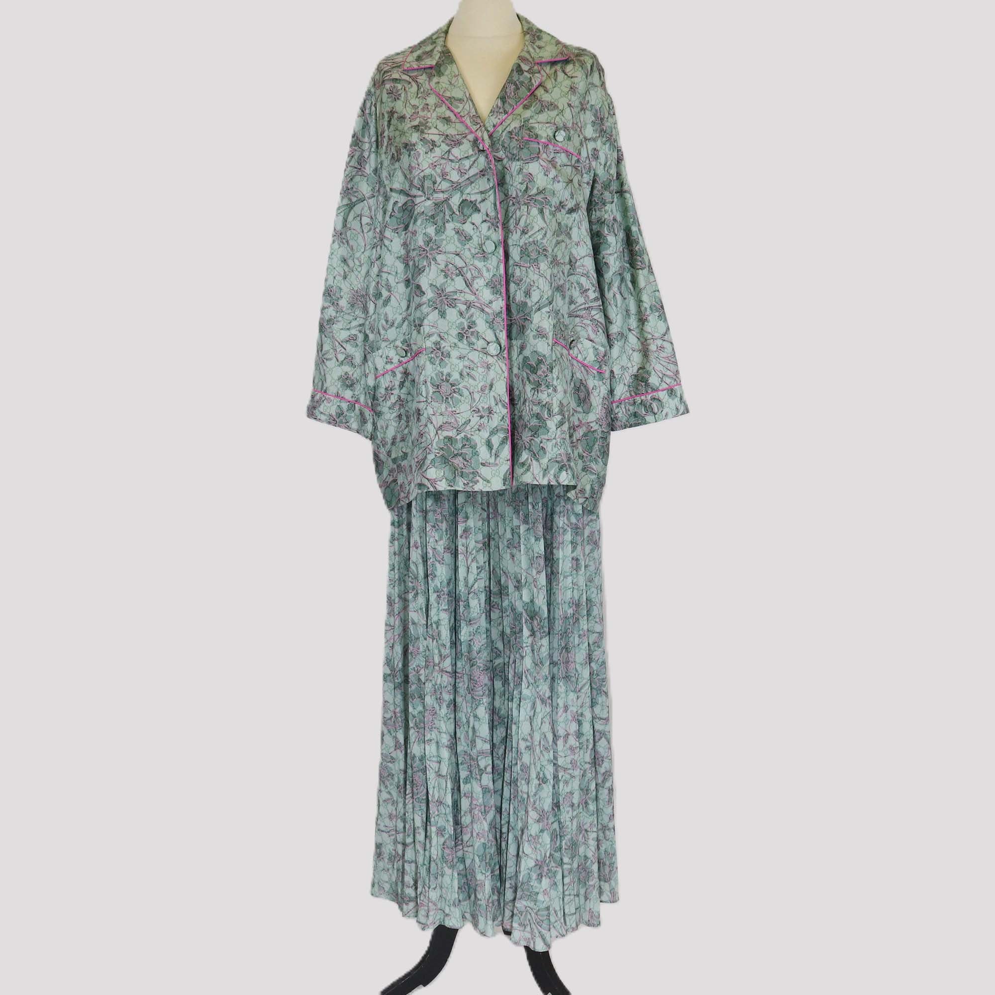 Gucci Pink/Green Silk Floral GG Print Long Sleeve Shirt and Skirt Set