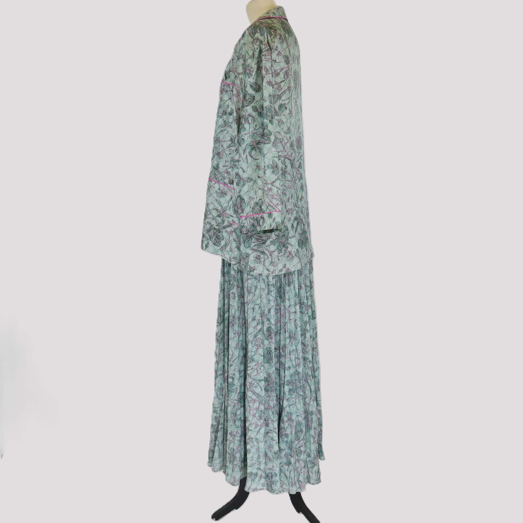 Gucci Pink/Green Silk Floral GG Print Long Sleeve Shirt and Skirt Set